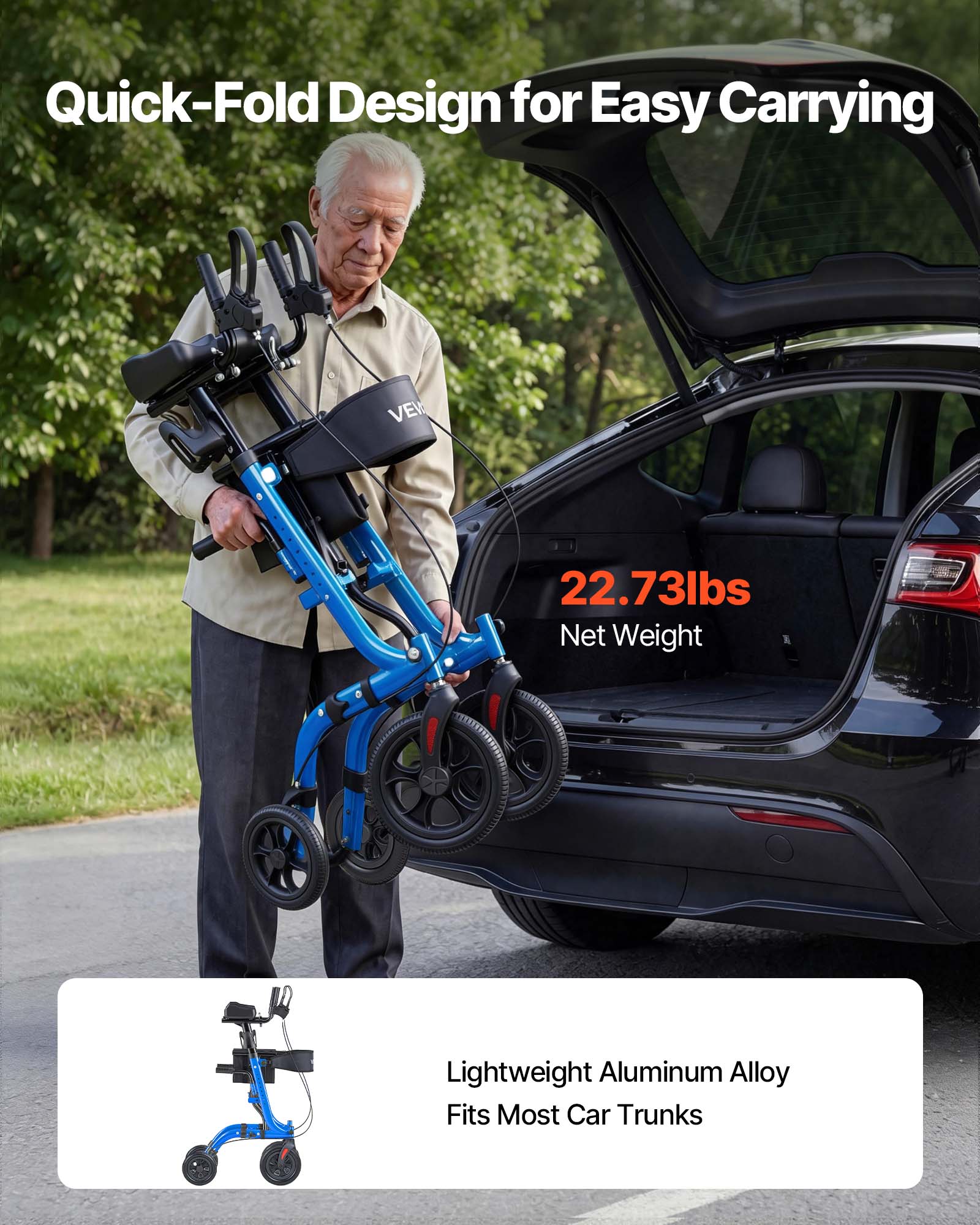 Quick-Fold Design for Easy Carrying  
22.73lbs Net Weight  
Lightweight Aluminum Alloy  
Fits Most Car Trunks