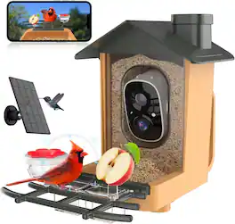 Luckbyte - 2K HD Solar Powered Bird Feeder Camera Waterproof AI Bird Identify Real Time Alert - Brown