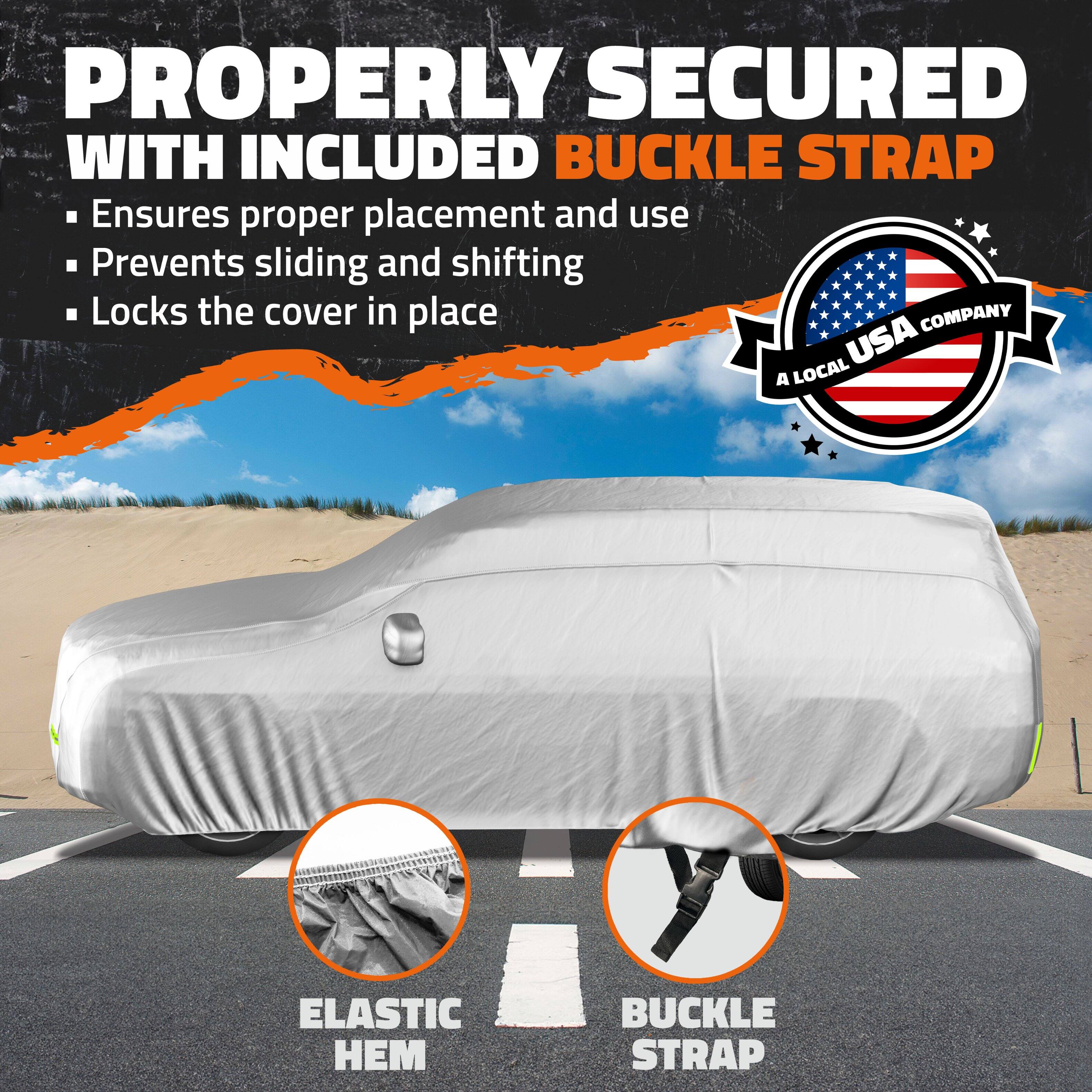 PROPERLY SECURED WITH INCLUDED BUCKLE STRAP

- Ensures proper placement and use
- Prevents sliding and shifting
- Locks the cover in place

A LOCAL USA COMPANY

ELASTIC HEM

BUCKLE STRAP