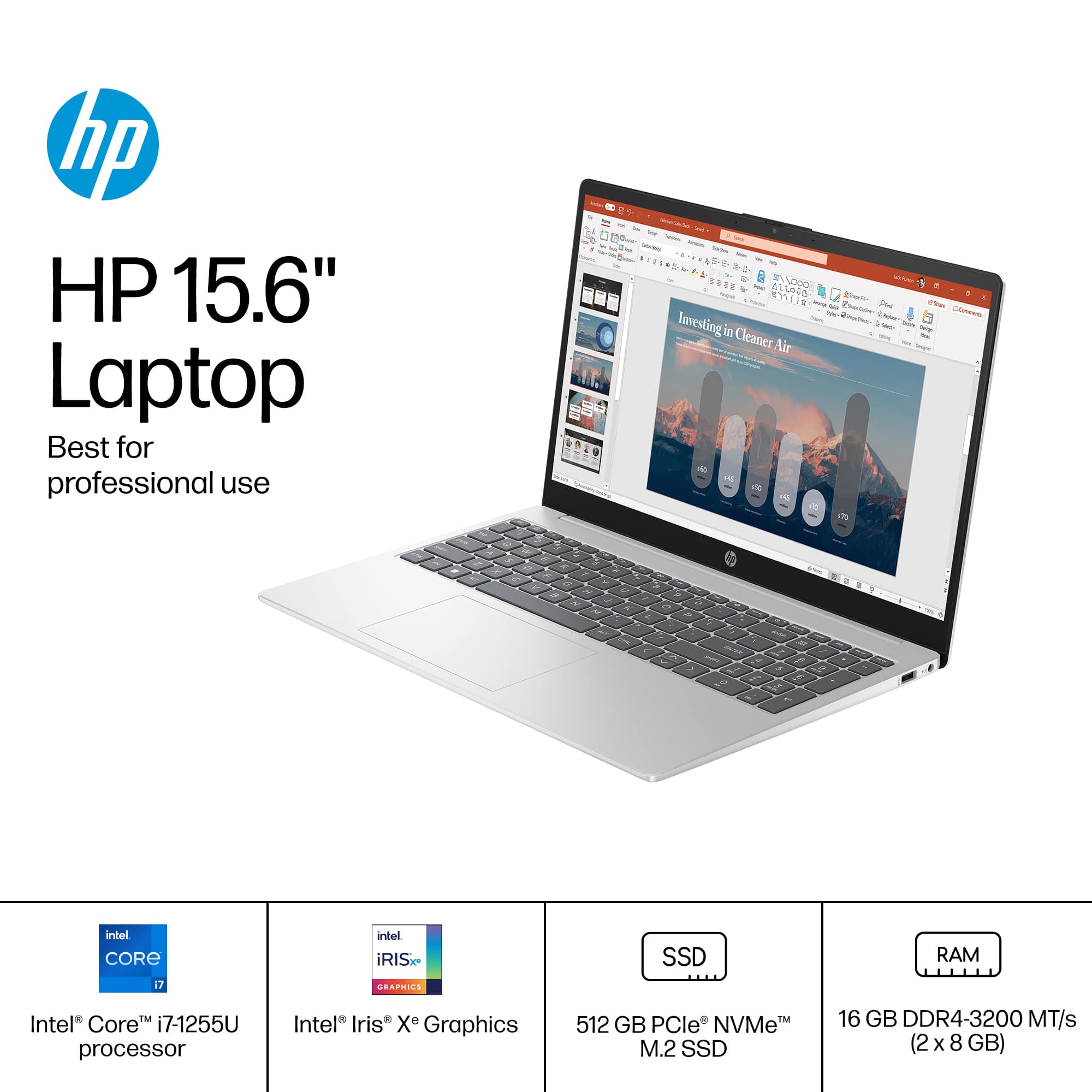The text on the image is already grouped and correctly formatted. The text reads: "hp HP 15.6" Laptop Best for professional use + 5 asses0 aXD 454 Ch - - Tn_to_tre - - o Coer lavesting - - in . Cleaner Air de DOe intel CORE 17 intel iRISx GRAPHIES SSD RAM TM Intel Core i7-1255U processor Intel Iris Xe Graphics 512 GB PCle NVMe" M.2 SSD 16 GB DDR4-3200 MT/s (2 x 8 GB).