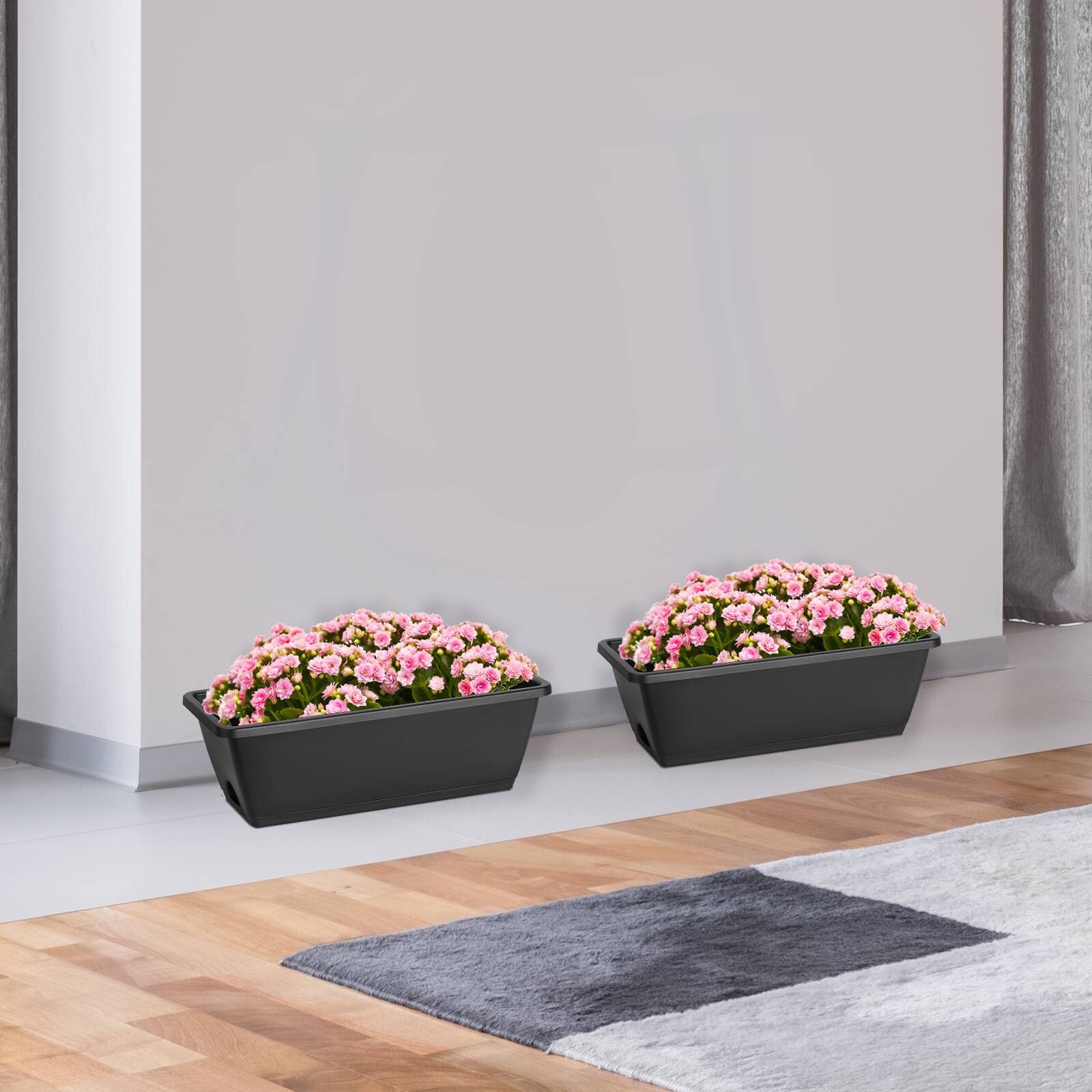 Alt View 1. Oumilen - Railing Planter Boxes 6-Pack, Black Rectangular Window Flower Boxes with Adjustable Hooks & Removable Tray for Balcony.