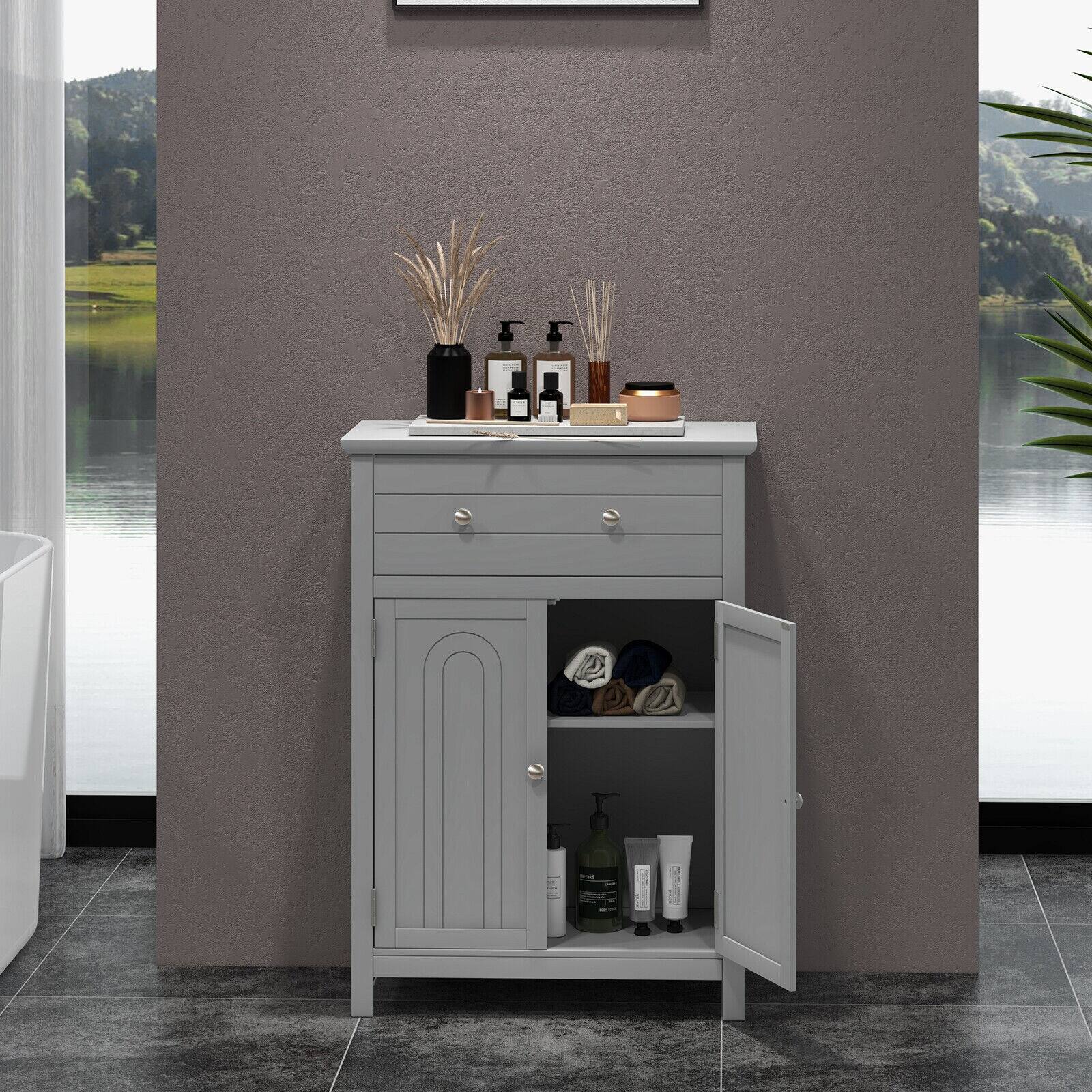 Alt View 1. Ecooso - 2-Door Freestanding Bathroom Storage Cabinet with Drawer and Adjustable Shelf - Gray.