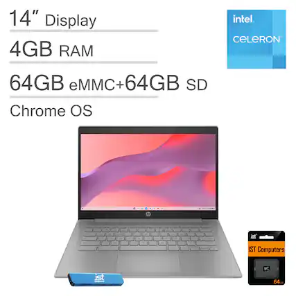 14" Display
4GB RAM
64GB eMMC+64GB SD
Chrome OS
Intel Celeron
IST Computers