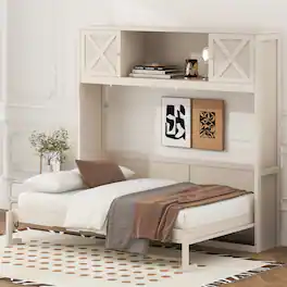 Whisen - Full Size Murphy Bed with Integrated Storage Cabinets, Space-Saving Foldable Wall Bed Frame - Beige
