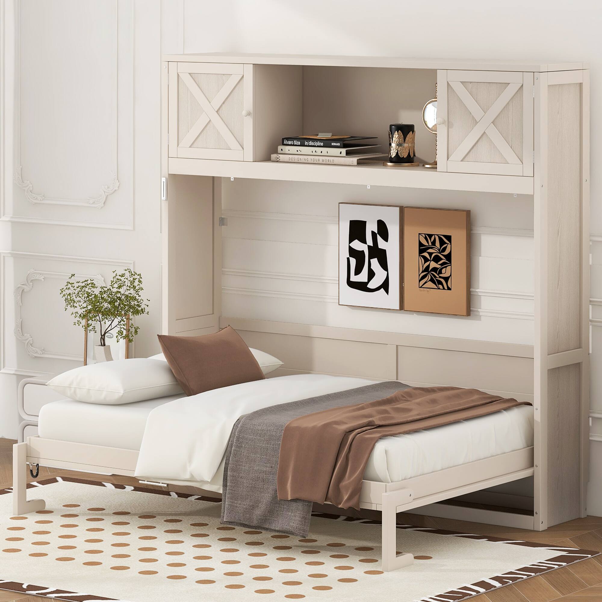 Whisen - Full Size Murphy Bed with Integrated Storage Cabinets, Space-Saving Foldable Wall Bed Frame - Beige