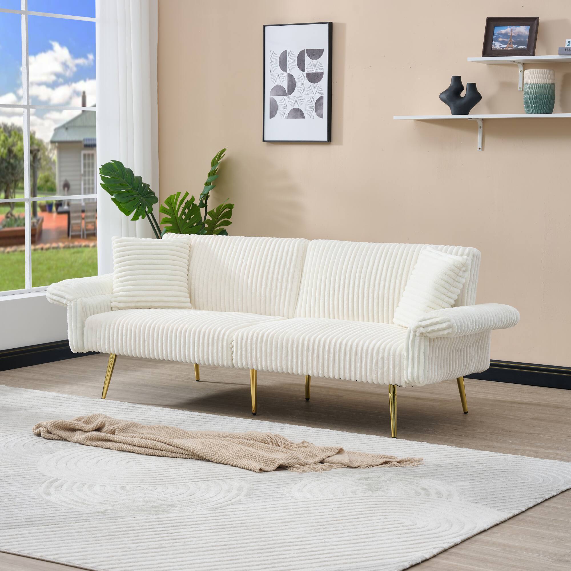 Left. GOODSILO - Foldable Corduroy Sofa Bed with Adjustable Armrests for Living Rooms and Compact Spaces - White.