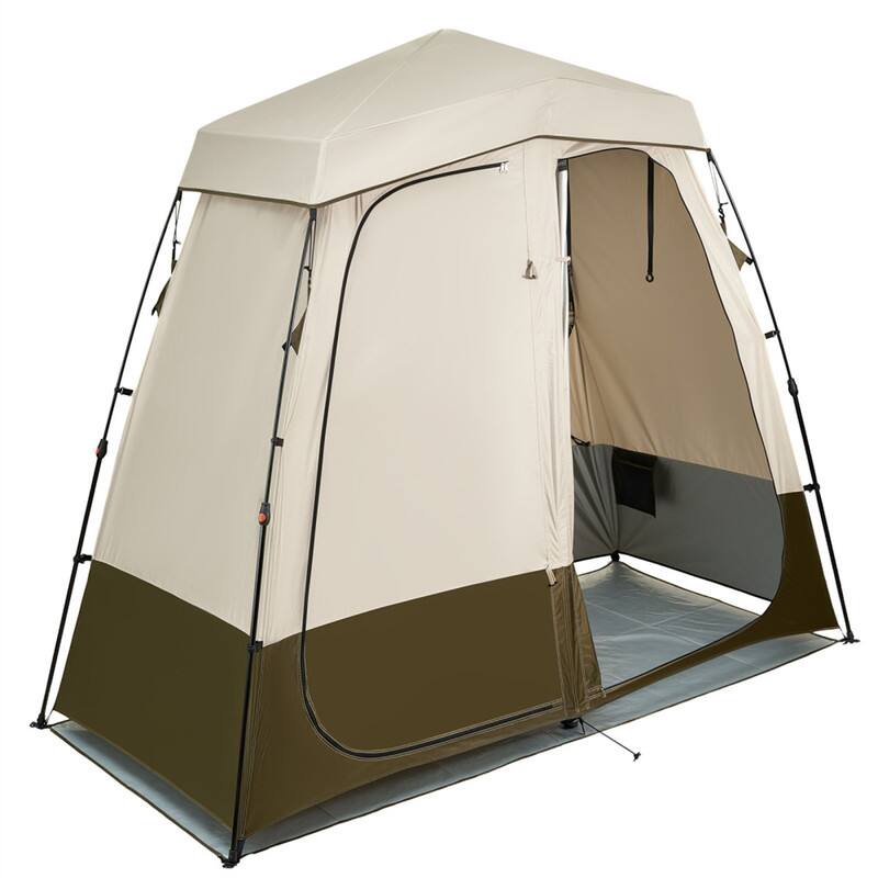 Angle. HTUTWOO - Camping Shower Tent-2-Room Foldable Privacy Changing Tent,150D Oxford Silver Coating with Crossbar,Ground Stakes, Ropes - Khaki.