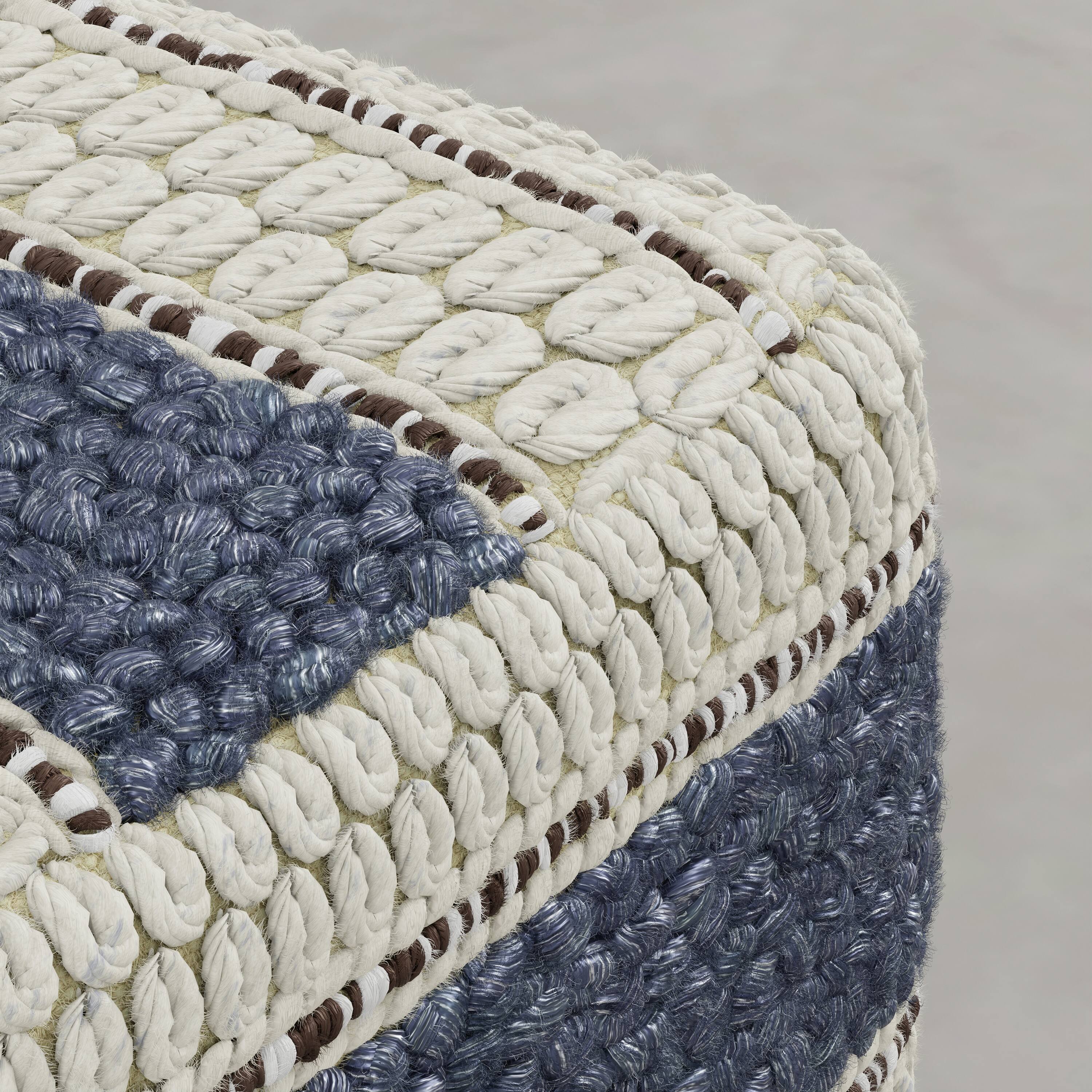 Alt View 3. Simpli Home - Grady 18 inch Wide Wool and Cotton Square Pouf Ottoman, Natural and Blue Stripe - Natural/Blue Stripe.