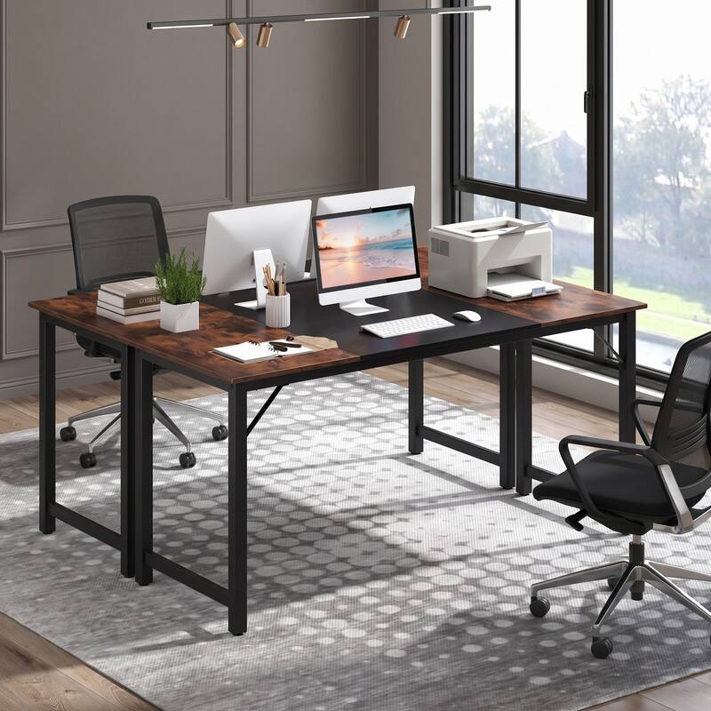 Angle. WELLFOR - 63" Modern Splice Computer Desk with Heavy Duty Steel Frame, Large Home Office Desk Executive Desk - Brown.