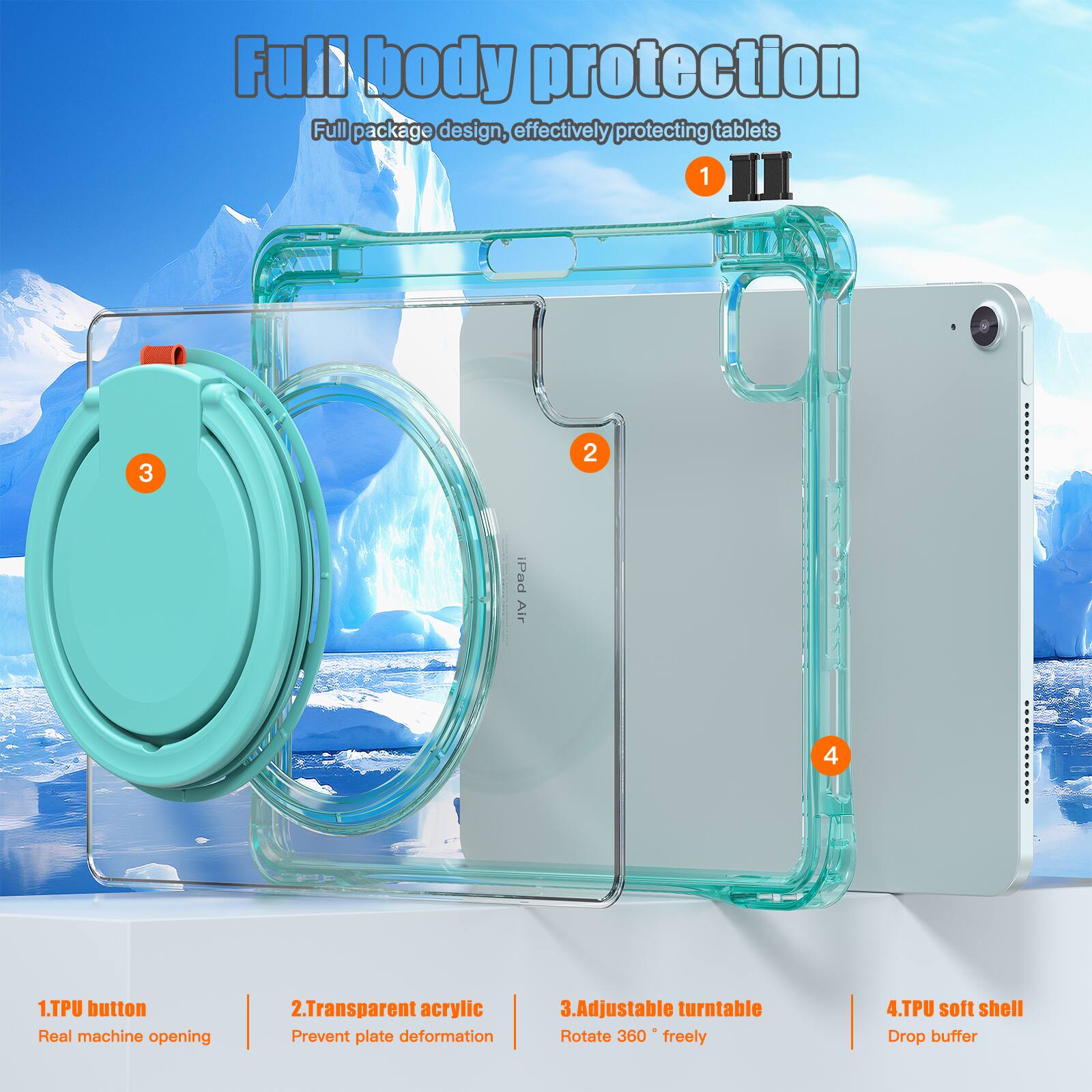 Full body protection  
Full package design, effectively protecting tablets  

1. TPU button  
Real machine opening  

2. Transparent acrylic  
Prevent plate deformation  

3. Adjustable turntable  
Rotate 360° freely  

4. TPU soft shell  
Drop buffer