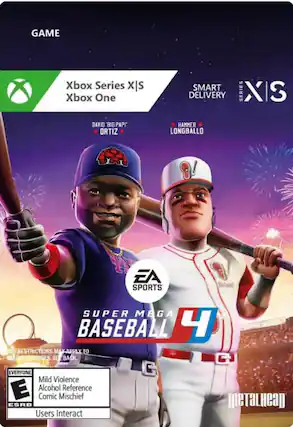 GAME Xbox Series X I S Xbox One SMART DELIVERY SERIES X S DAYIO 'BIG PAPI ORTIZ HAMMER LONGBALLO EA SPORTS SUPER MEGA BASEBALL BE RESTRICTIONS MAX APPLY TO GALINE FEATURES. SEE BACK. G EVERYONE G Mild Violence E Alcohol Reference Comic Mischief ESRB MeTALHeaD Users Interact - E (Everyone)