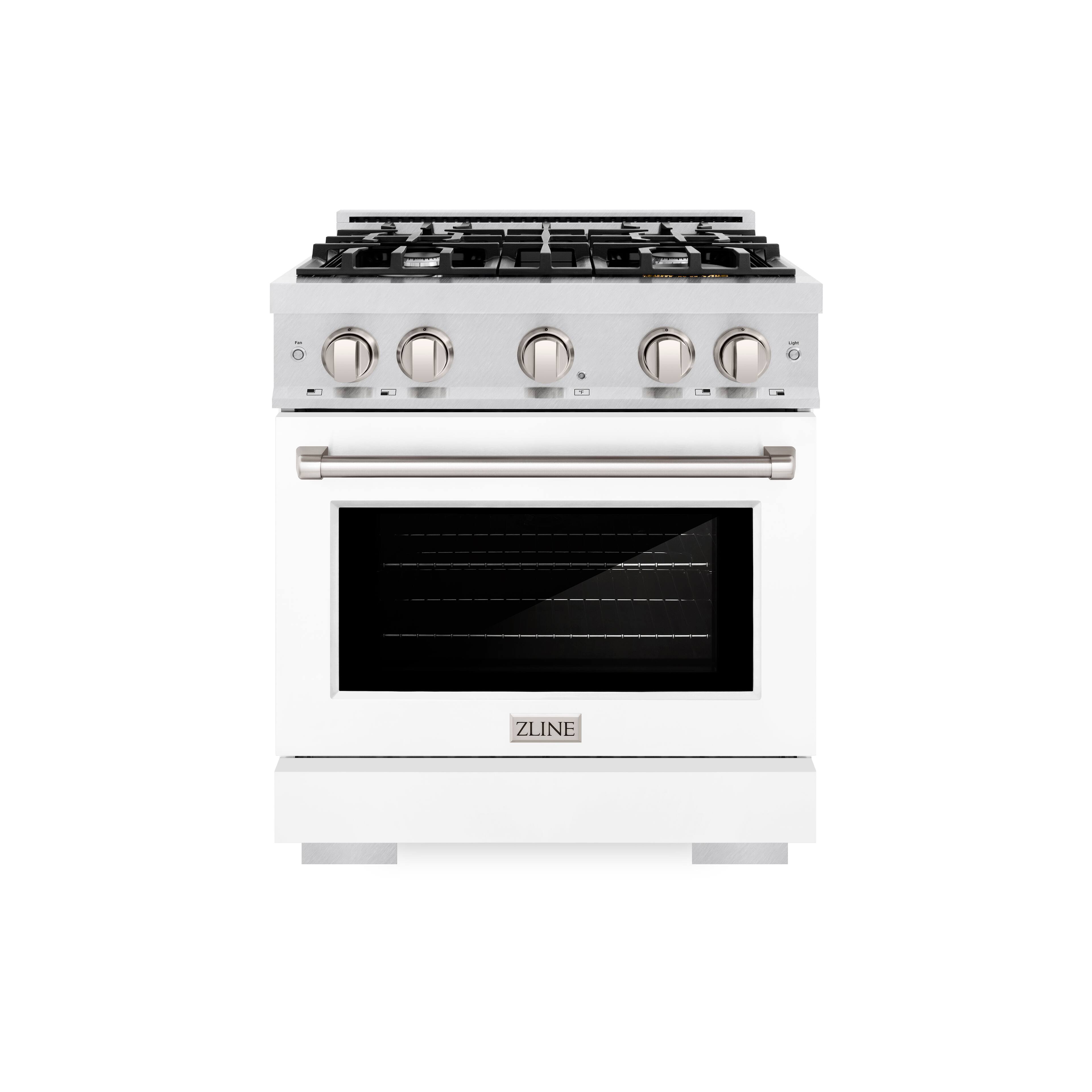 Left. ZLINE - ZLINE 30 in. 4.2 cu. ft. Freestanding Select Satin Steel Gas Range w/ 4 Burners & Convection Oven w/ White Door - Satin Stainless Steel.