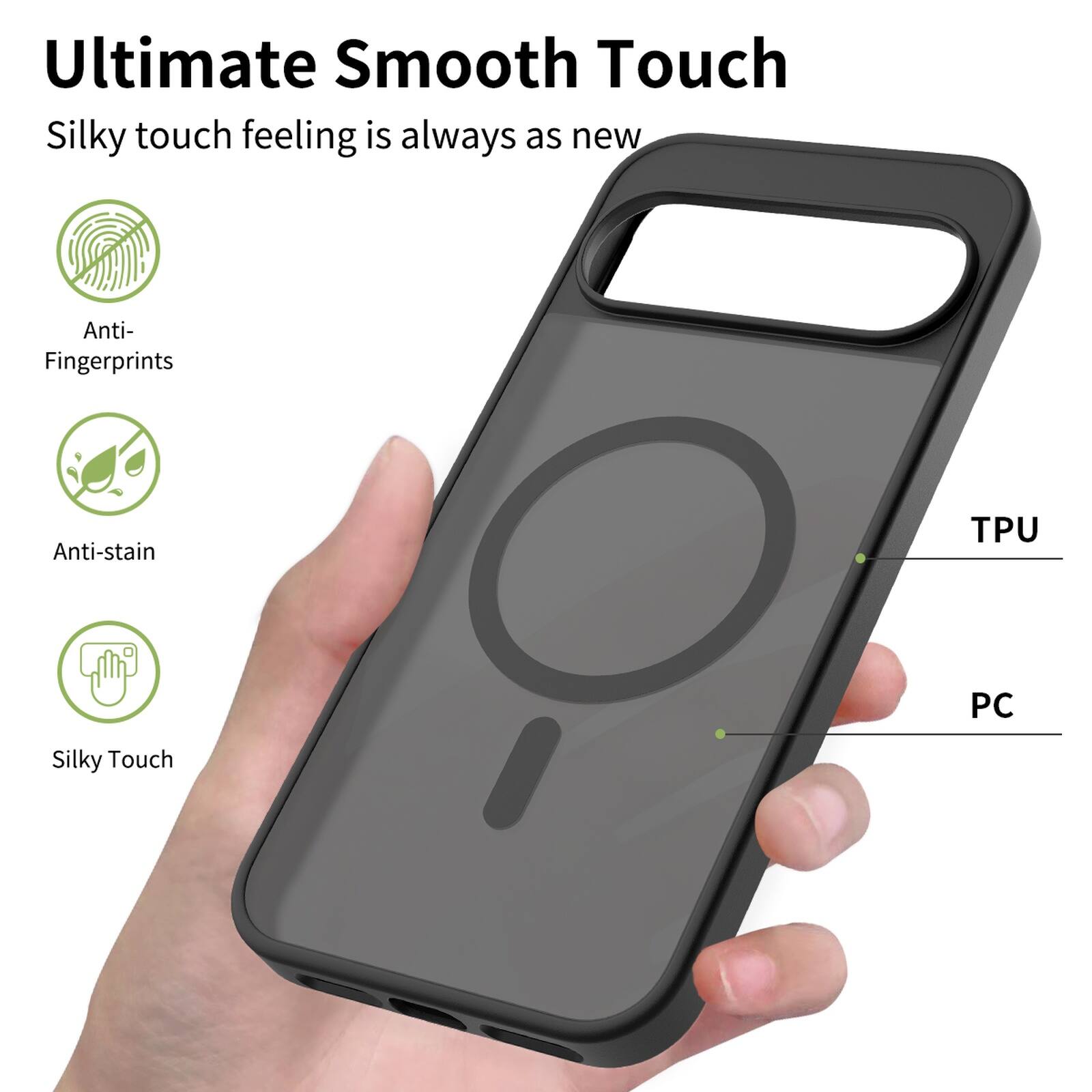 Ultimate Smooth Touch  
Silky touch feeling is always as new  

Anti-Fingerprints  
Anti-stain  
Silky Touch  

TPU  
PC