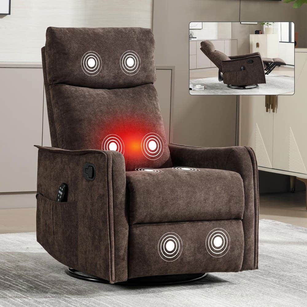 Kadyn - Fabric Heat Massage Recliner Chair, 8 Vibration Modes & Lumbar Heat, Rocker Swivel - Brown