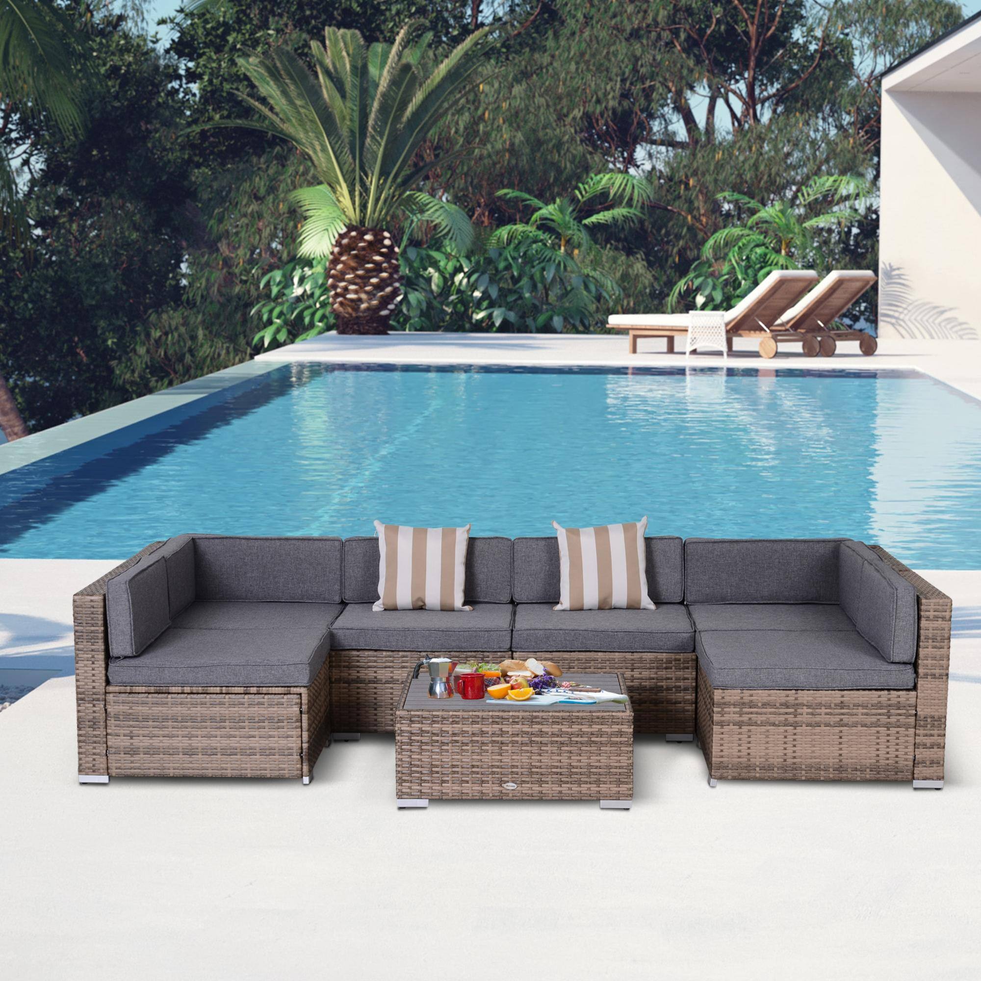 Alt View 1. Outsunny - 7-Piece Patio Furniture Set, Outdoor Wicker Conversation Set, All Weather PE Rattan Sectional Sofa Set - Grey.