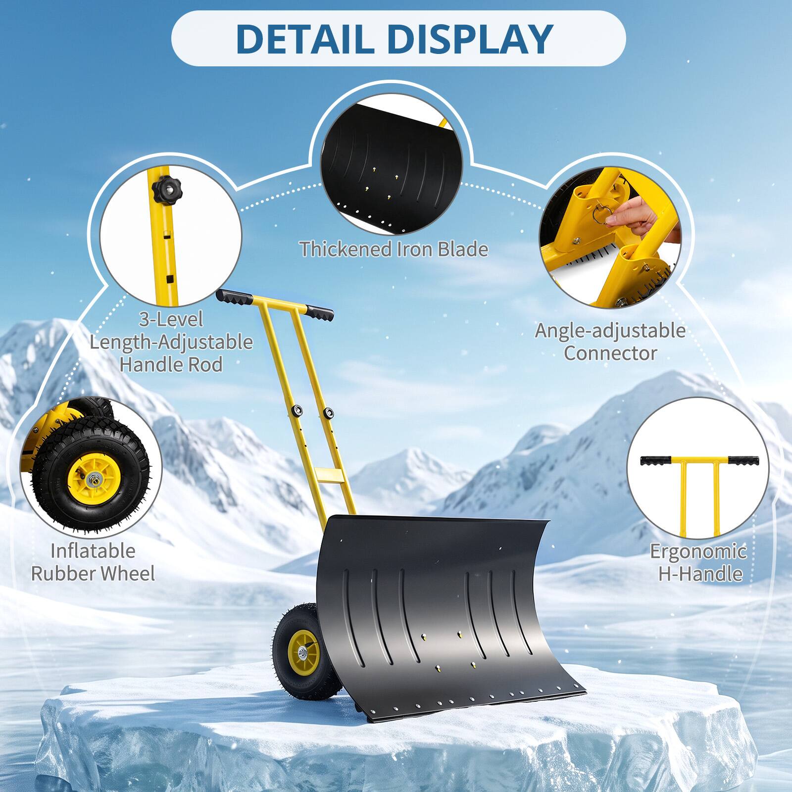 DETAIL DISPLAY

- Thickened Iron Blade
- 3-Level Length-Adjustable Handle Rod
- Angle-adjustable Connector
- Inflatable Rubber Wheel
- Ergonomic H-Handle