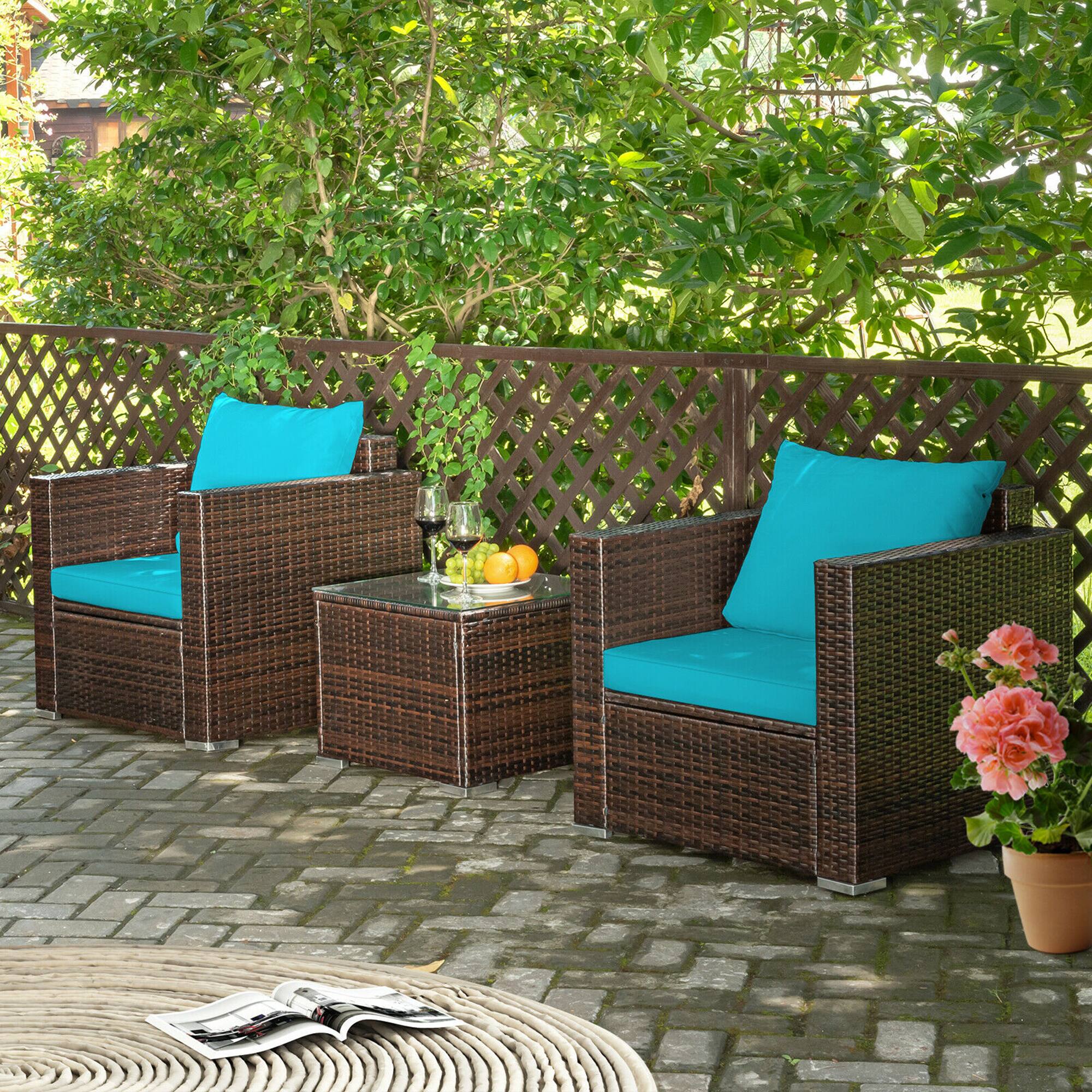 Alt View 3. Gymax - Gymax 3PCS Rattan Patio Outdoor Conversation Furniture Set w/ Turquoise Cushions - Turquoise.