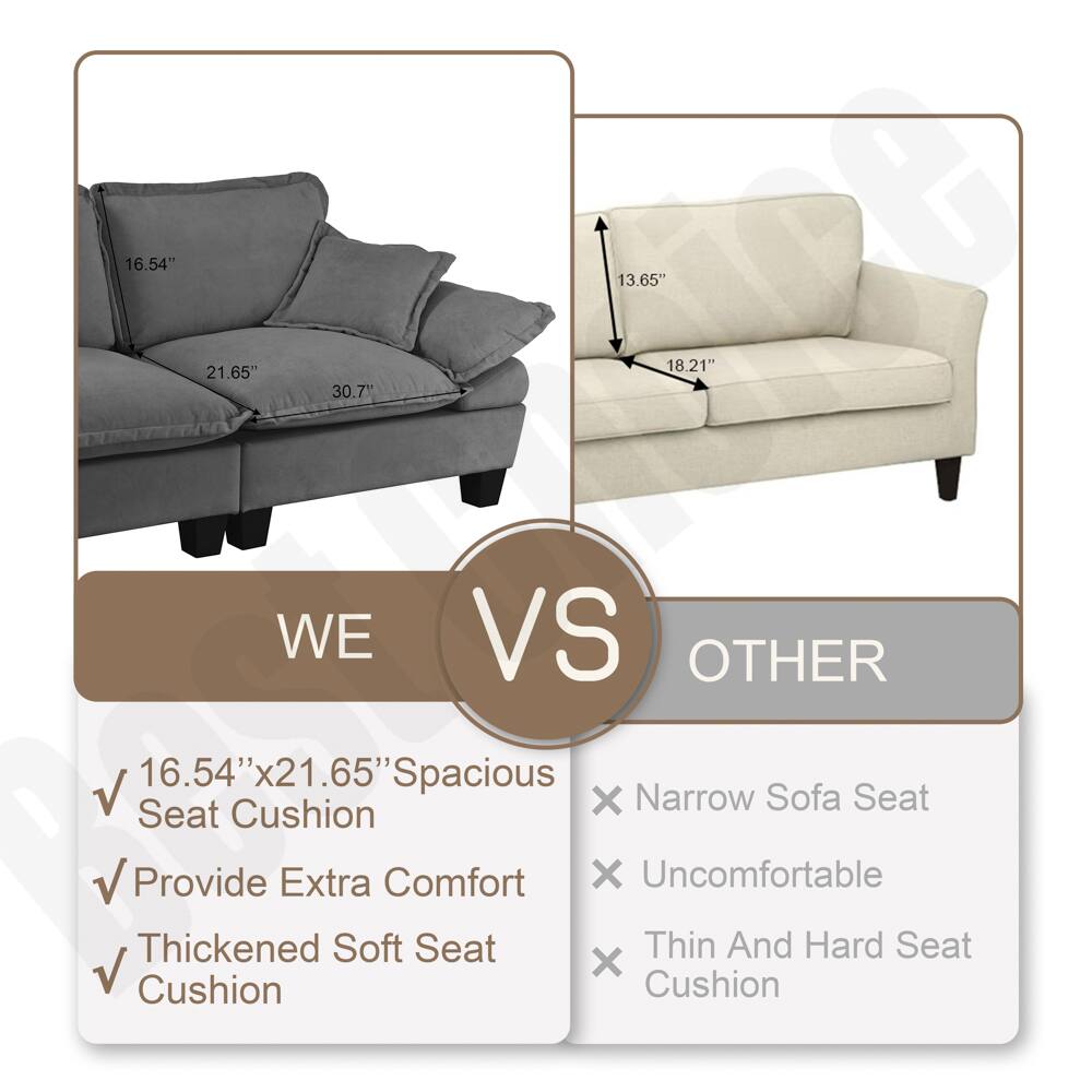 16.54" 13.65" 18.21" 21.65" 30.7 W

WE Provide Thickened Seat Cushion 16.54" Cushion x21.65" WE Extra Soft Comfort Spacious Seat

VS

OTHER Narrow Uncomfortable Thin Cushion

OTHER And Sofa Hard Seat

WE
- 16.54" x21.65" Spacious Seat Cushion
- Provide Extra Comfort
- Thickened Soft Seat Cushion

OTHER
- Narrow Sofa Seat
- Uncomfortable
- Thin And Hard Seat Cushion