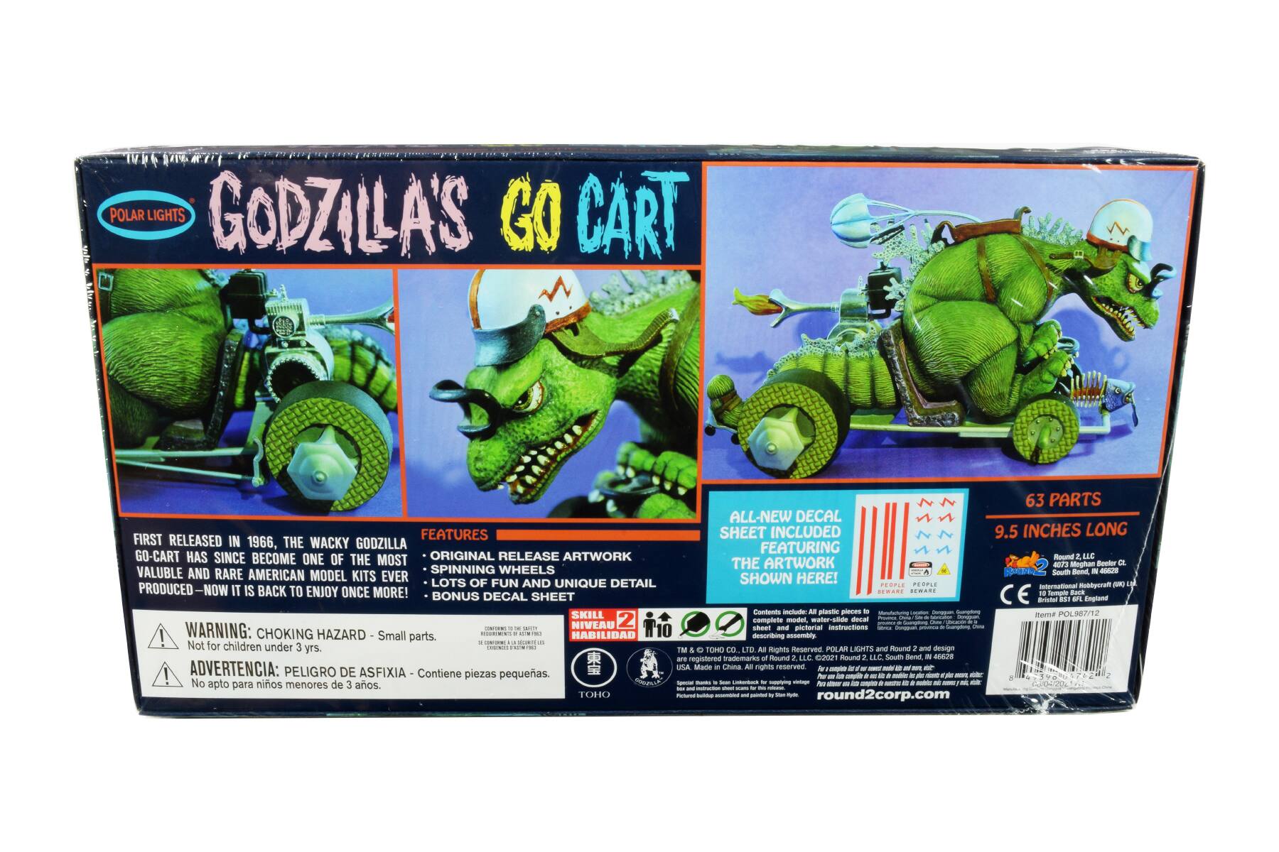 Polar Lights Godzilla's Go Cart

63 Parts
9.5 Inches Long

First Released in 1966, the Wacky Gozilla Featuring Go-Cart has since become one of the most valuable and rare American model kits ever produced. Now it is back to enjoy once more!

Features:
- Original Release Artwork
- Spinning Wheels
- Lots of Fun and Unique Detail
- Bonus Decal Sheet

All-New Decal Sheet Featuring the Artwork Shown Here!

Contents include: All plastic pieces, water-slide decals, pictorial instructions

Warning: Choking Hazard - Small parts. Not for children under 3 yrs.

Advertencia: Peligro de Asfixia - No apto para niños menores de 3 años.

Skill Level 2

Round 2, LLC
4207 Meghan Beetor Cl.
South Bend, IN 46628
Bristol, IN 46512

Made in China

Polar Lights and Round 2 and design are registered trademarks of Round 2, LLC. ©2021 Round 2, LLC.