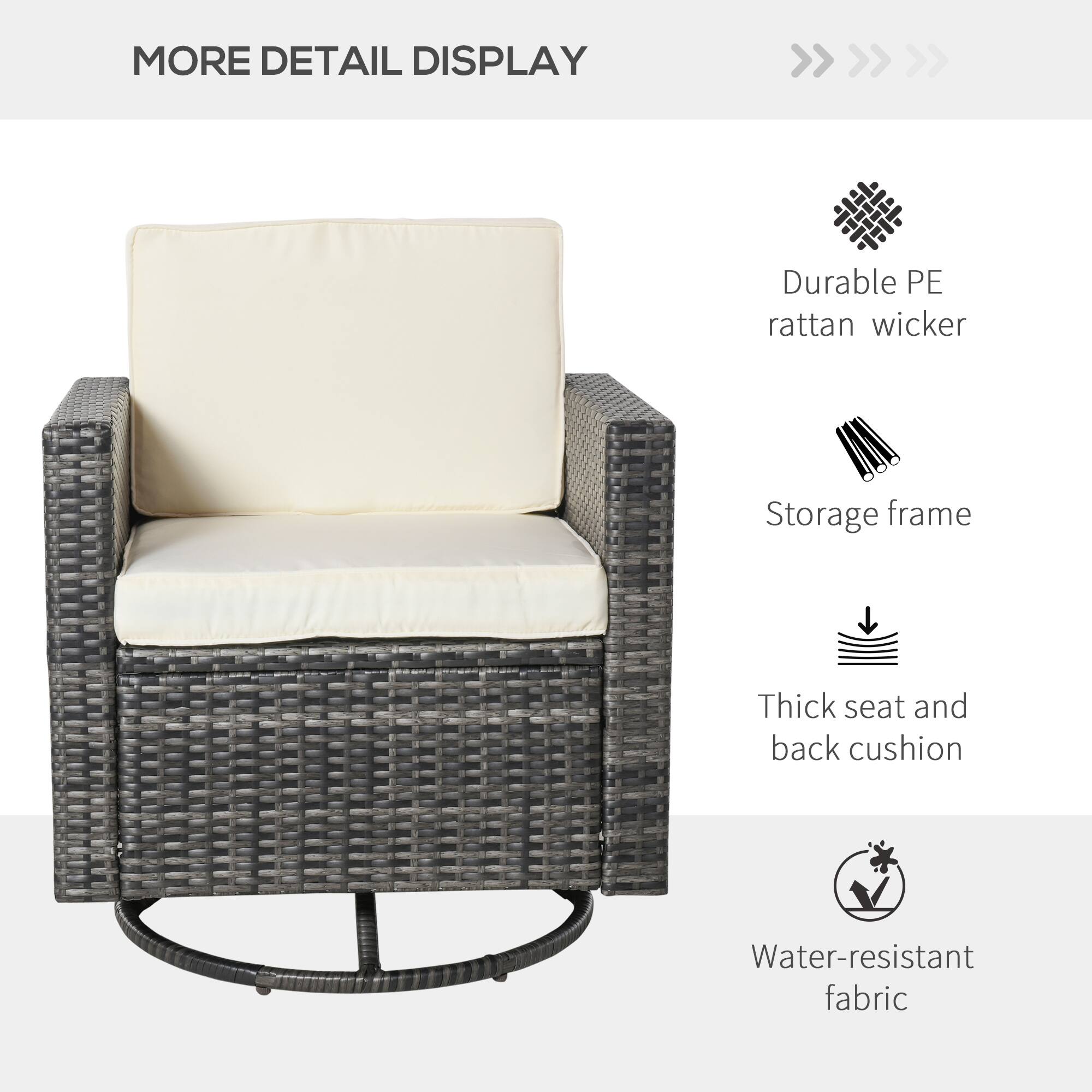 MORE DETAIL DISPLAY

- Durable PE rattan wicker
- Storage frame
- Thick seat and back cushion
- Water-resistant fabric