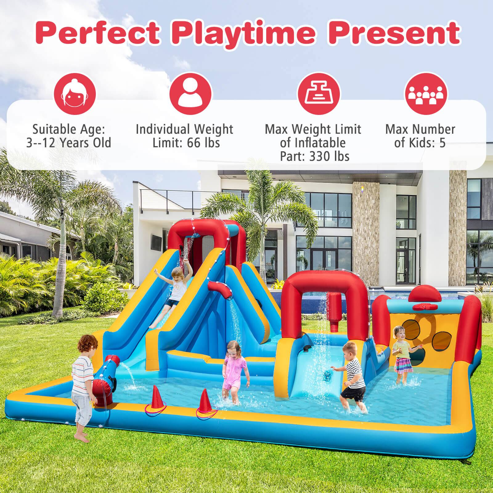 Perfect Playtime Present

- Suitable Age: 3--12 Years Old
- Individual Weight Limit: 66 lbs
- Max Weight Limit of Inflatable Part: 330 lbs
- Max Number of Kids: 5