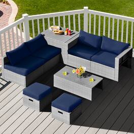 Gymax - 8PCS Rattan Patio Space-Saving Furniture Set w/ Waterproof Cover & Cushions - Navy