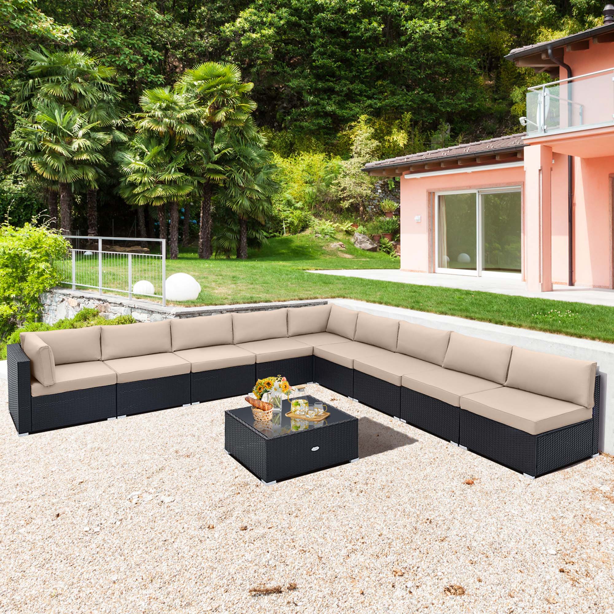 Alt View 1. Costway - Costway 10 PCS Patio Rattan Furniture Set Outdoor Wicker Sofa Table Cushioned Seat - Brown,Beige.