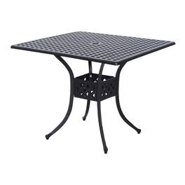 Resenkos - Square Patio Dining Table, Umbrella Hole, Outdoor Bistro Table, Cast Aluminum - Black
