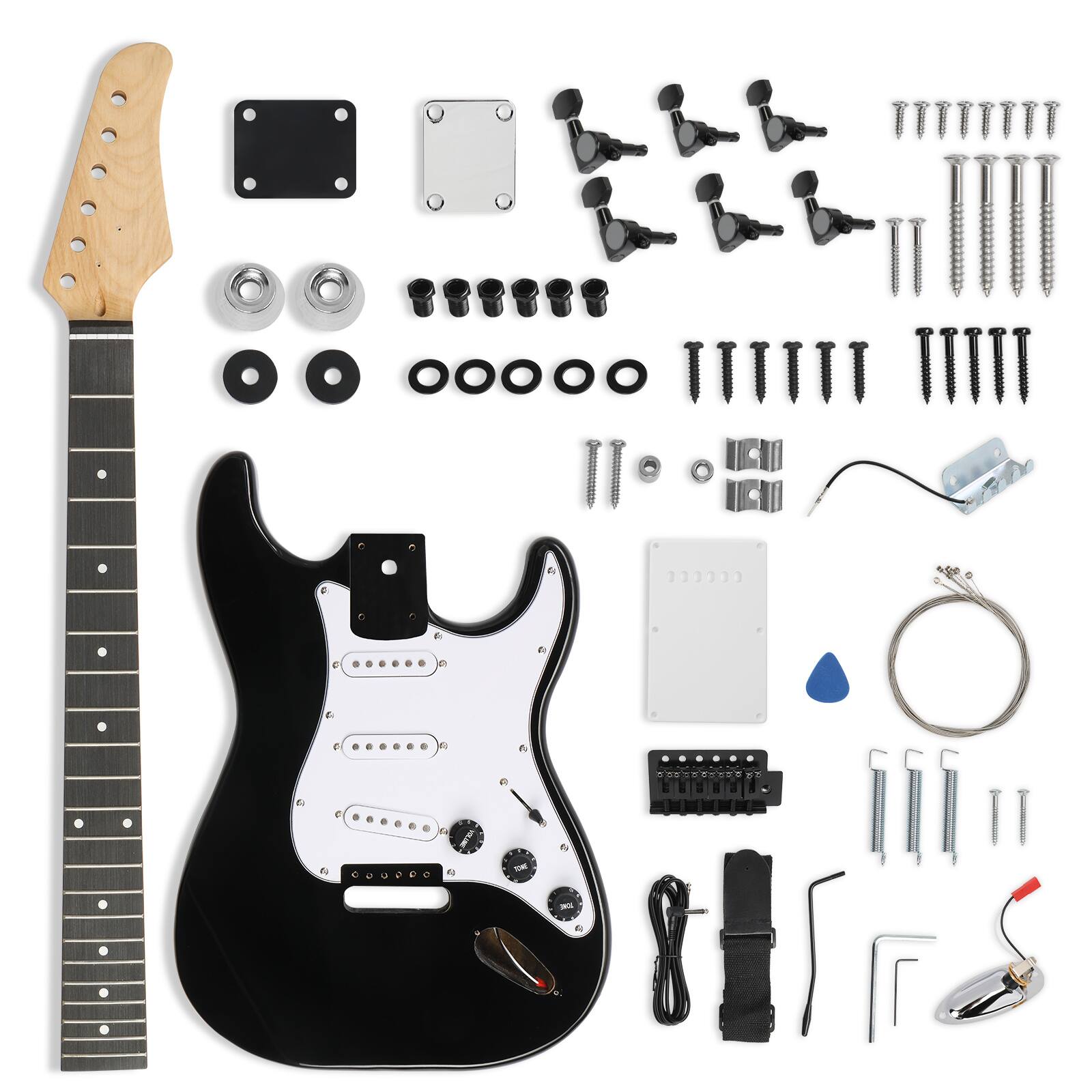 Sure, here is the corrected and grouped text from the image:

---

**Guitar Parts and Accessories**

- **Neck**
  - Maple neck with fretboard

- **Body**
  - Black guitar body with white pickguard

- **Pickups**
  - Black pickup covers
  - White pickup cover

- **Tuning Pegs**
  - Black tuning pegs

- **Control Knobs**
  - Black control knobs

- **Switches**
  - Black switch

- **Potentiometers**
  - Black potentiometers

- **Capacitors**
  - Black capacitors

- **Pickup Wires**
  - Black pickup wires

- **Strap**
  - Black guitar strap

- **Bridge and Tailpiece**
  - Black bridge and tailpiece

- **Screws and Hardware**
  - Various screws and hardware

- **Pickup Mounting Hardware**
  - Black and silver screws and washers

- **Pickup Rings**
  - Black pickup rings

- **Pickup Mounting Screws**
  - Black and silver screws

- **Pickup Mounting Washers**
  - Black and silver washers

- **Pickup Mounting Nuts**
  - Black and