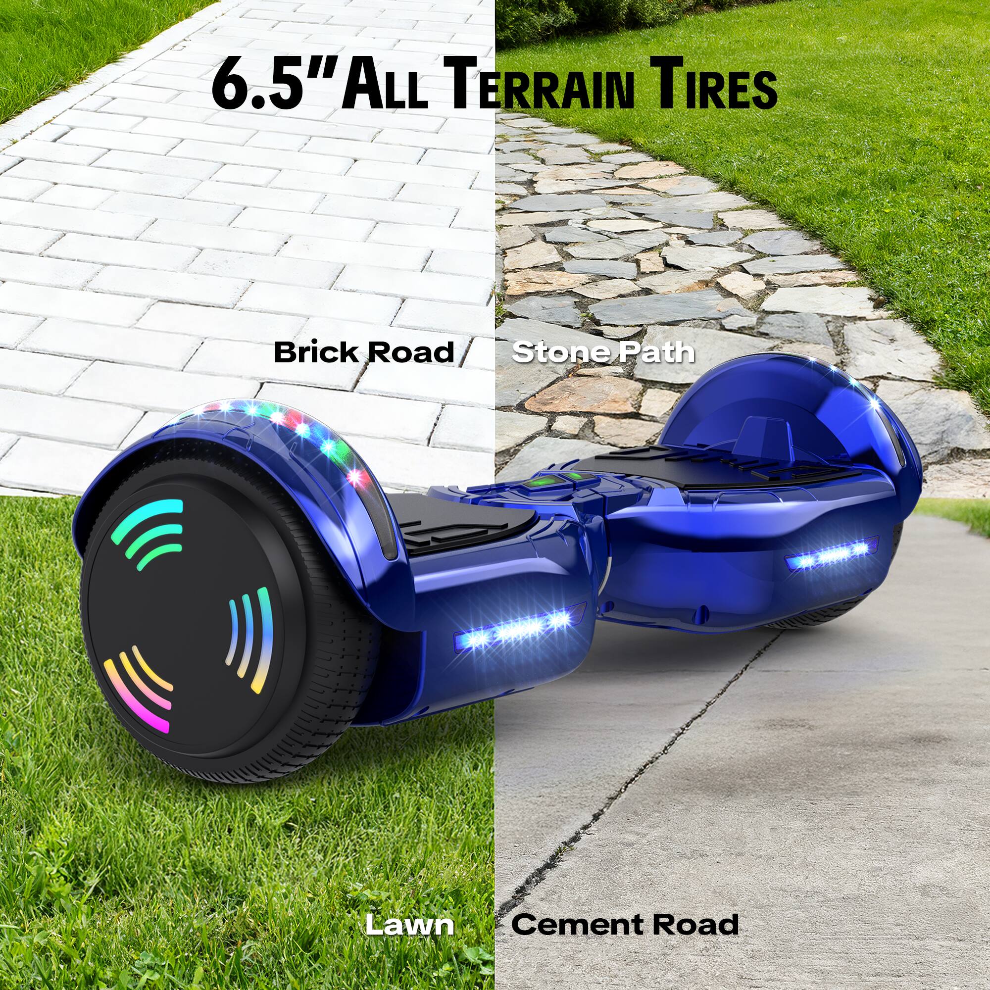 6.5" ALL TERRAIN TIRES

Brick Road
Stone Path
Lawn
Cement Road