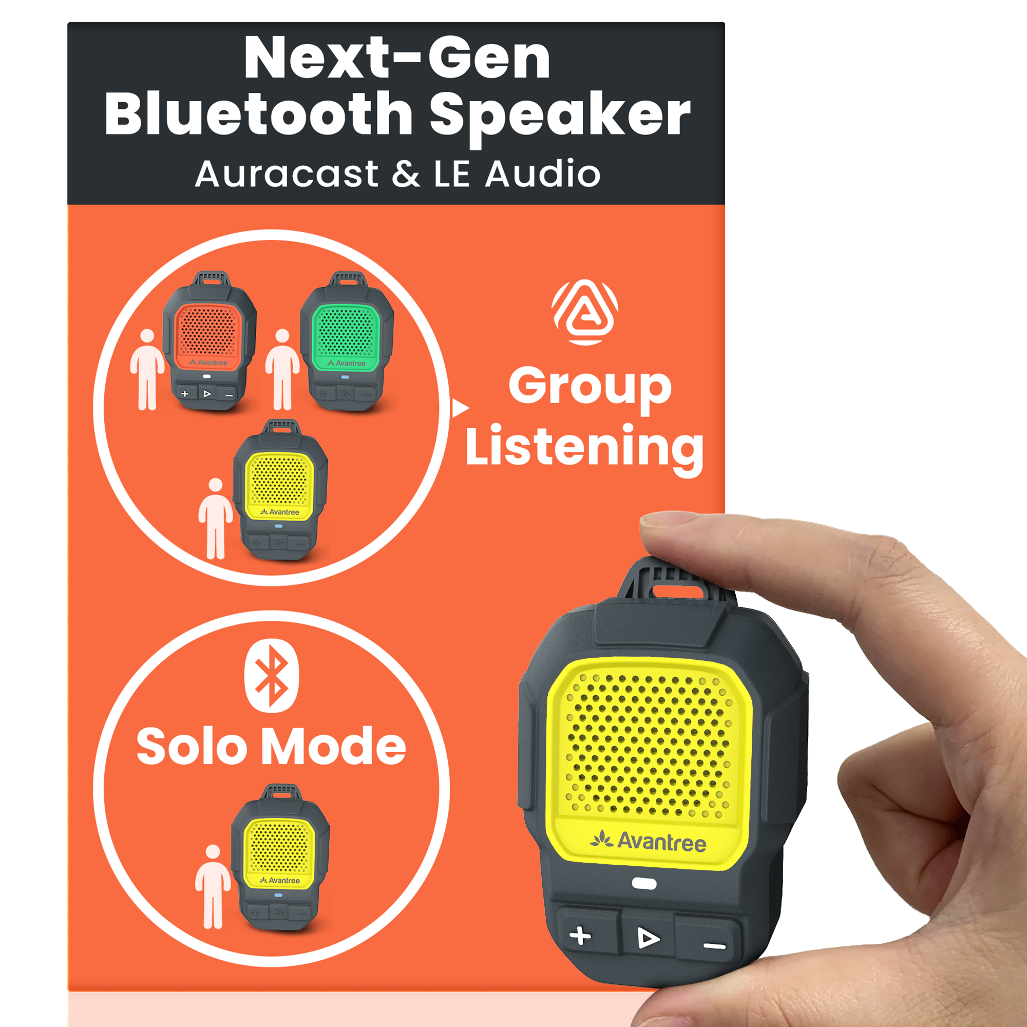 Next-Gen Bluetooth Speaker  
Auracast & LE Audio  

Group Listening  

Solo Mode  

Avantree