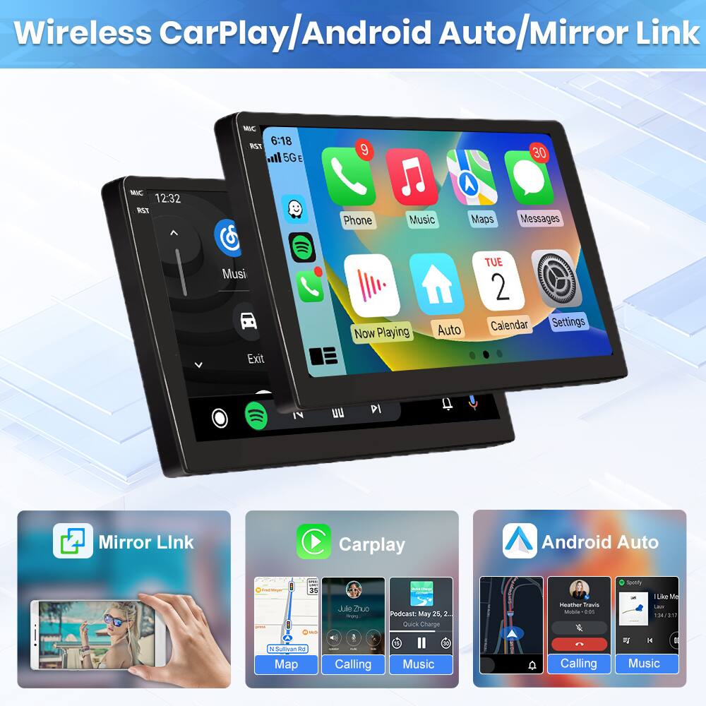 Wireless CarPlay/Android Auto/Mirror Link

- Wireless CarPlay
- Android Auto
- Mirror Link

**CarPlay:**
- Phone
- Music
- Maps
- Messages
- Now Playing
- Auto
- Calendar
- Settings
- Exit

**Android Auto:**
- Phone
- Music
- Maps
- Messages
- Now Playing
- Auto
- Calendar
- Settings
- Exit

**Mirror Link:**
- Phone
- Music
- Maps
- Messages
- Now Playing
- Auto
- Calendar
- Settings
- Exit

**Additional Features:**
- Quick Charge
- Podcast: May 25, 2023
- Heather Travis
- Spotify
- I Like Me
- 1:34 / 3:17