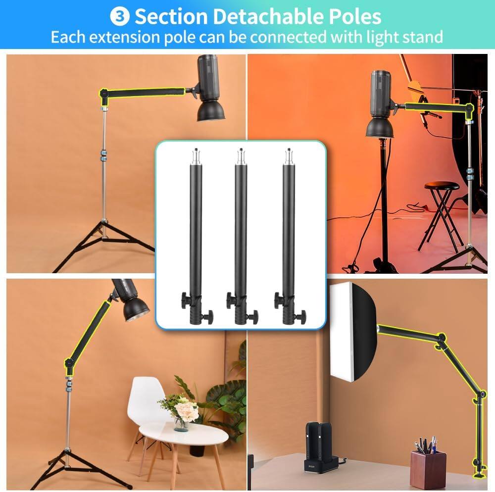 3 Section Detachable Poles  
Each extension pole can be connected with light stand