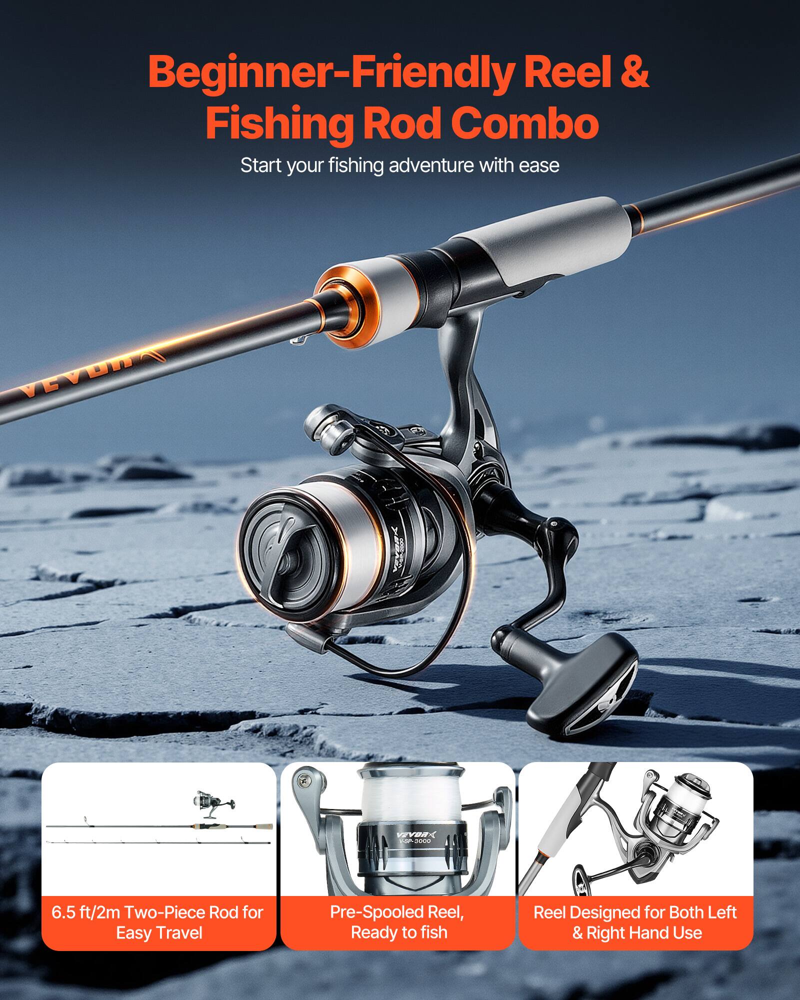 Beginner-Friendly Reel & Fishing Rod Combo  
Start your fishing adventure with ease  

VEVBRK 6.5 ft/2m Two-Piece Rod for Easy Travel  
Pre-Spooled Reel, Ready to fish  
Reel Designed for Both Left & Right Hand Use