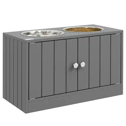 Front. Pawhut - Elevated Bowls with Cabinet Containing 44L Capacity, Raised Bowl Stand, Food Bowl, Dog Feeding Station - Gray.