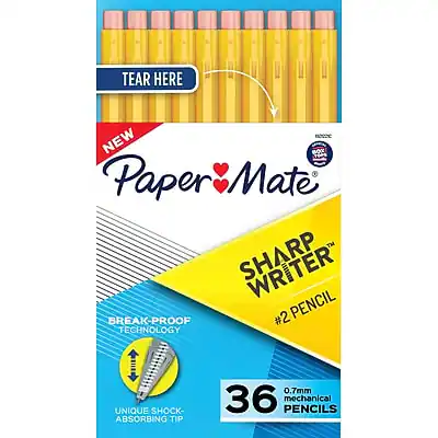 TEAR HERE
NEW
Paper Mate
SHARP WRITER
#2 PENCIL
BREAK-PROOF TECHNOLOGY
UNIQUE SHOCK-ABSORBING TIP
0.7mm
36 mechanical PENCILS
