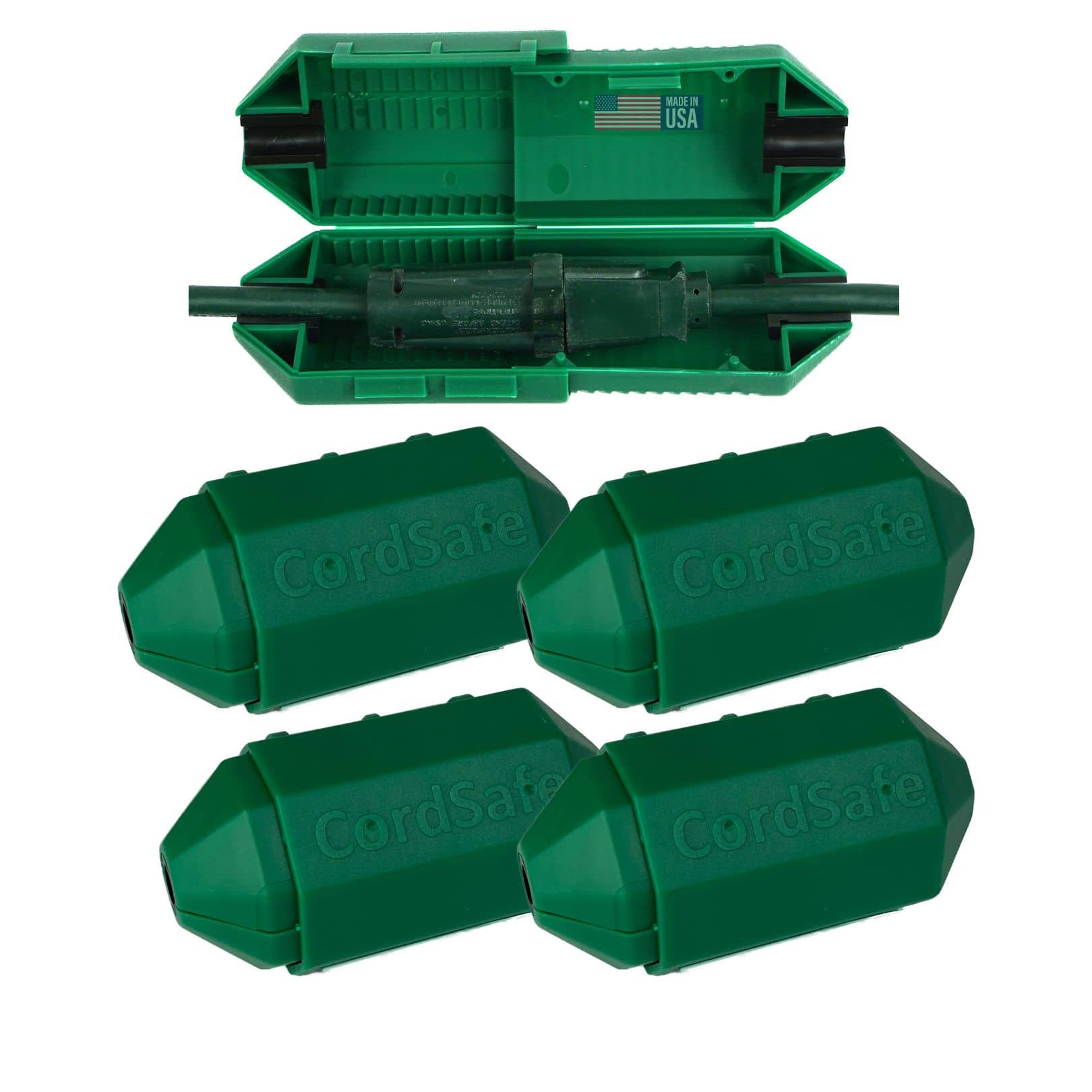 CordSafe - Plus Extension Cord Safety Cover, Water Resistant Plug Protector, Made in the USA, 4-Pack - Green