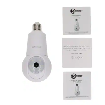 **R** radioshack
BULB CAMERA
User manual
Model 6301821
---
**R** radioshack
CÁMARA DE BOMBILLA
Manual de usuario
Modelo 301921
---
Thank you for choosing our Smart Home product at RadioShack! We appreciate your support and hope you enjoy your new technology.
Happy smart living!
Radio Shack