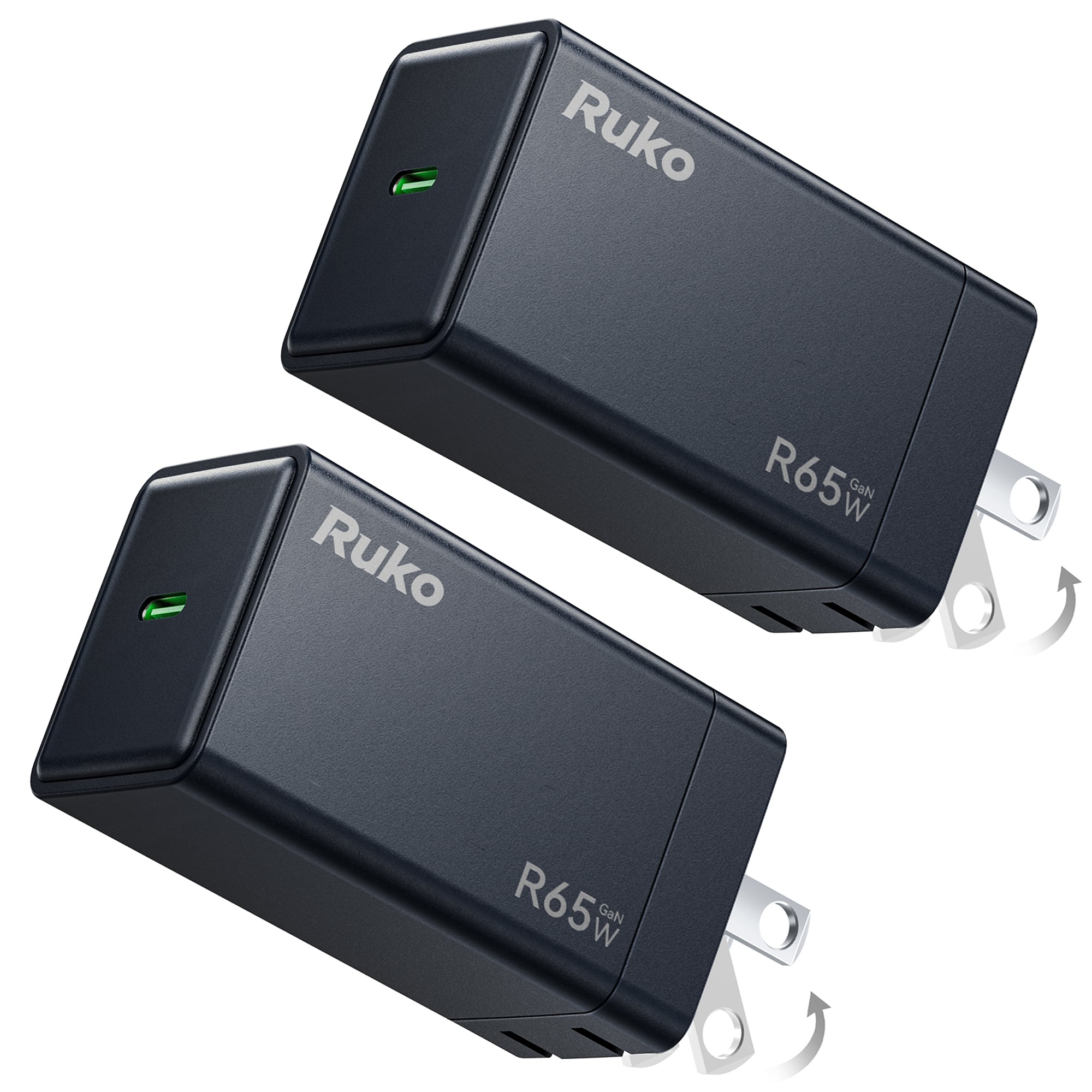 Ruko - 65W USB C Charger, 2-Pack, GaN Fast Charger, Compatible with MacBook Pro/Air, iPhone 17/16, Pixel 10/9, Drone and Mor - Black