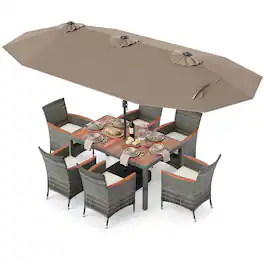 Costway - 8 PCS Outdoor Wicker Dining Furniture & Double-Sided Umbrella with Solar LED Lights - Tan + Mix Gray