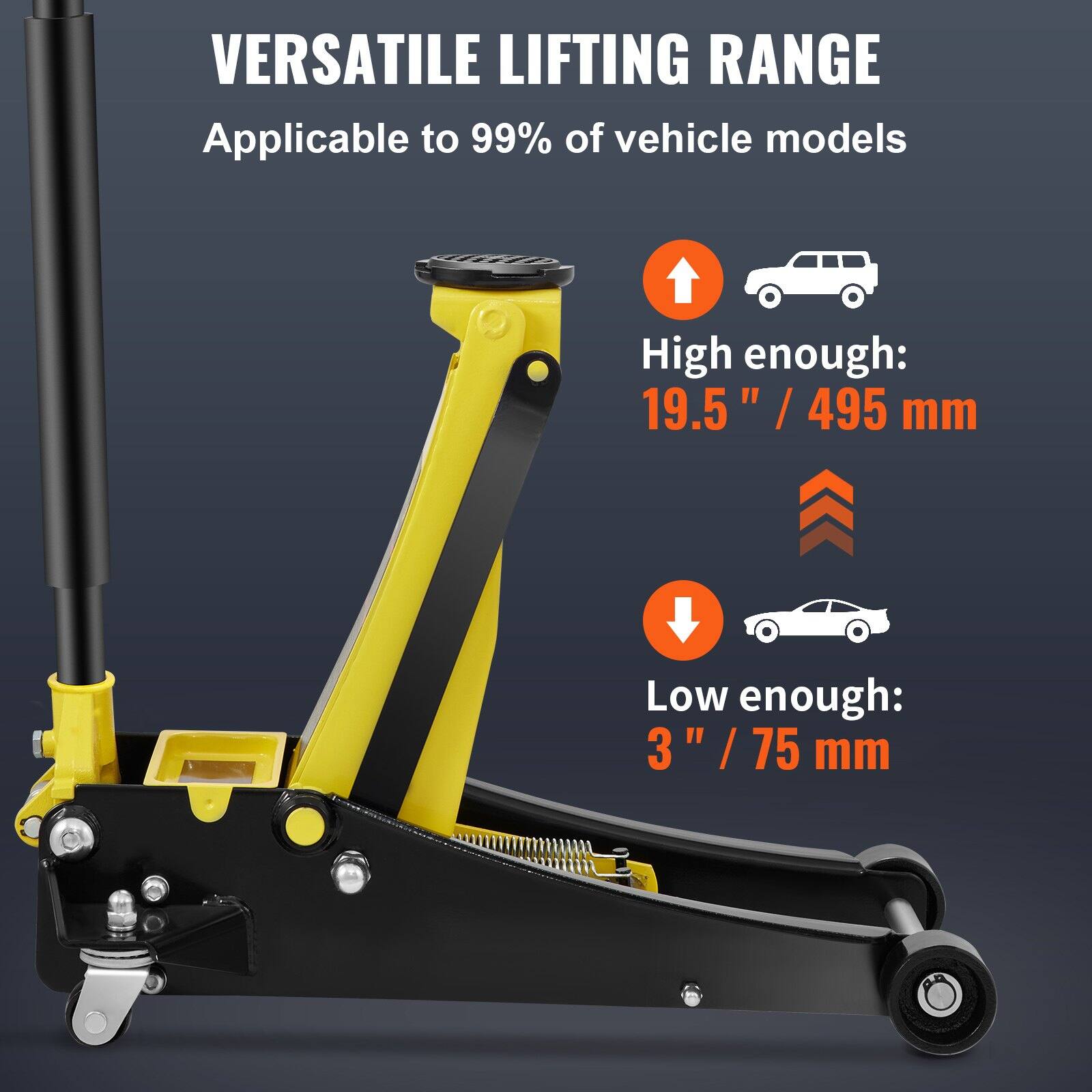 VERSATILE LIFTING RANGE  
Applicable to 99% of vehicle models  

High enough:  
19.5" / 495 mm  

Low enough:  
3" / 75 mm