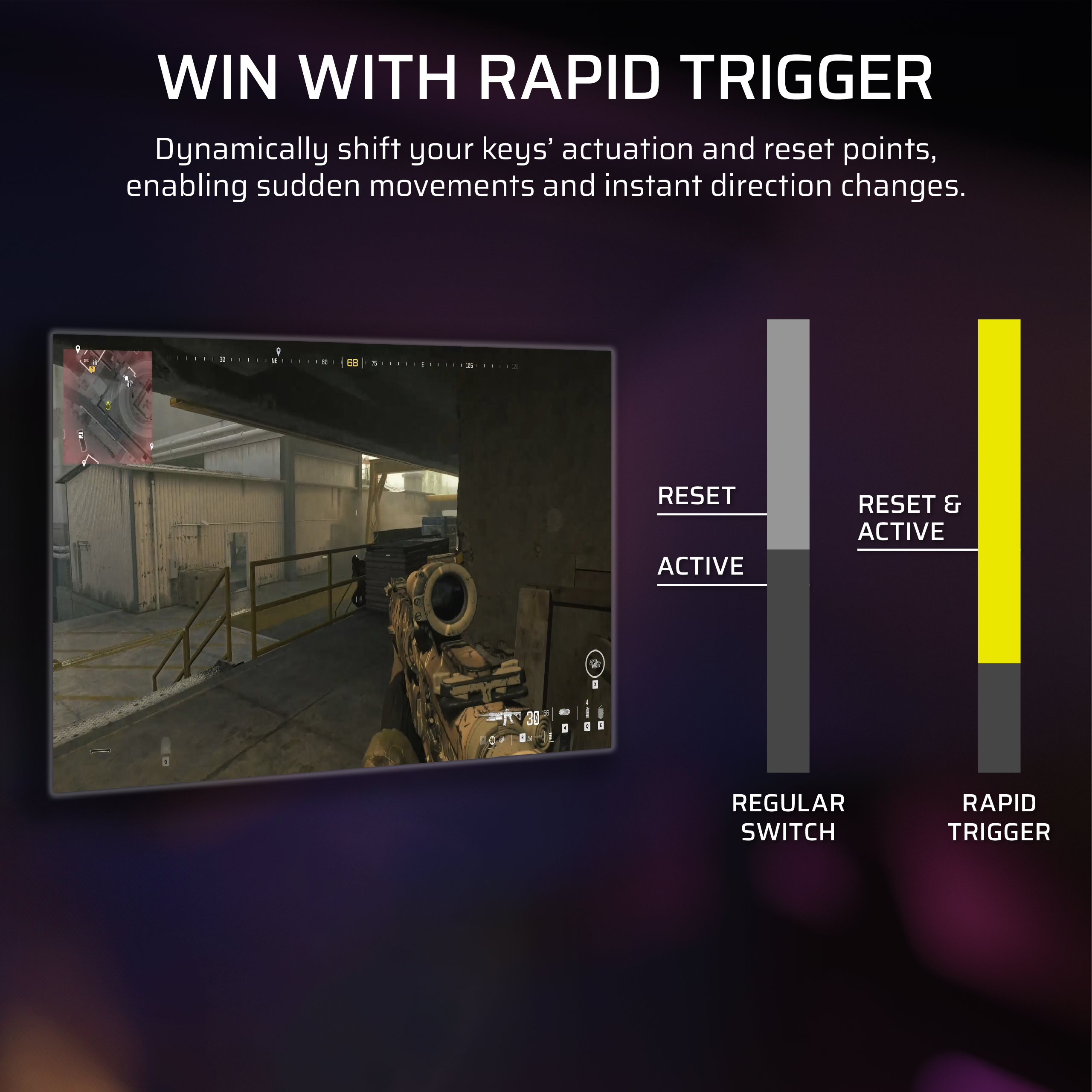 WIN WITH RAPID TRIGGER

Dynamically shift your keys' actuation and reset points, enabling sudden movements and instant direction changes.

- RESET
- ACTIVE
- REGULAR SWITCH
- RESET & ACTIVE
- RAPID TRIGGER