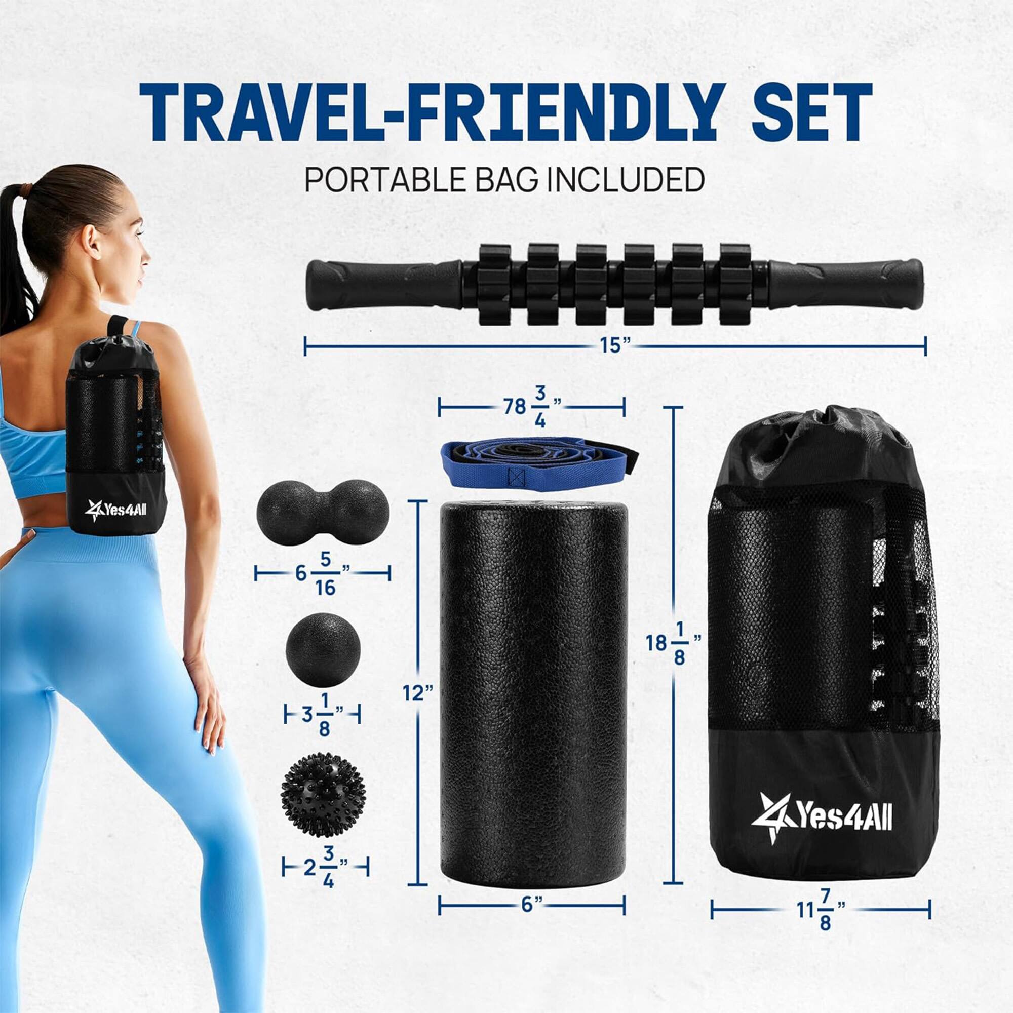 TRAVEL-FRIENDLY SET  
PORTABLE BAG INCLUDED  

- 15"  
- 7 3/4"  
- 5 1/16"  
- 1 3/8"  
- 12"  
- 6"  
- 18 1/8"  
- 2 3/4"  
- 11 7/8"
