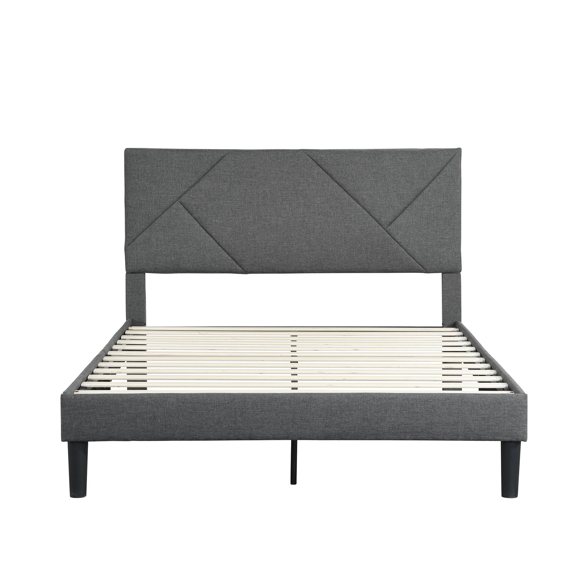 Angle. LUCKY ONE - Full Size Upholstered Platform Bed Frame with Headboard - Gray.