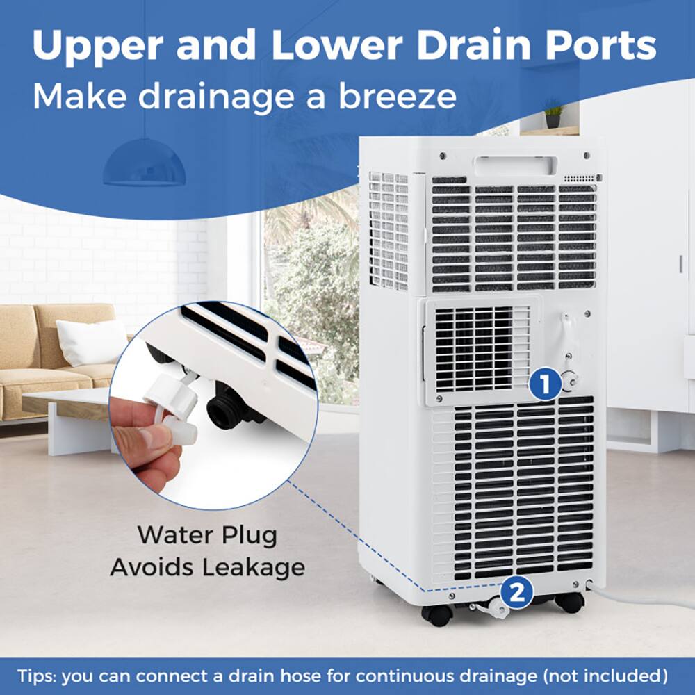 Upper and Lower Drain Ports  
Make drainage a breeze  

1. Water Plug Avoids Leakage  

2. Tips: you can connect a drain hose for continuous drainage (not included)
