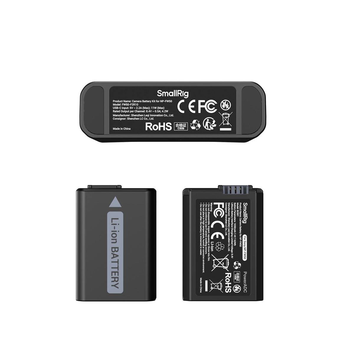 SmallRig Product Name: Camera Battery Kit for NP-FW50  
Model: FWSO-F2R10  
USB-C Rated Output Input per SV Channel: 2.24 (Max): 8.41 TW 0.5A; (Max) 4.2W  
CEFC  
Manufacturer: Shenzhen Legi Innovation Co., Ltd.  
Consignor: Shenzhen LC Co., Ltd.  
RoHS  
Made in China  

Li-ion BATTERY  
DE  
Warning's Li-lon FCCE  
RoHS  
Ballery 50001  
SmallRig For NP-FW50 PowerADC