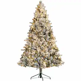 RYHNUYNE - 7.5 Ft Snow Flocked Artificial Christmas Tree With 500 Clear Lights, 1530 Tips Hinged Metal Stand Holiday Decor - Green
