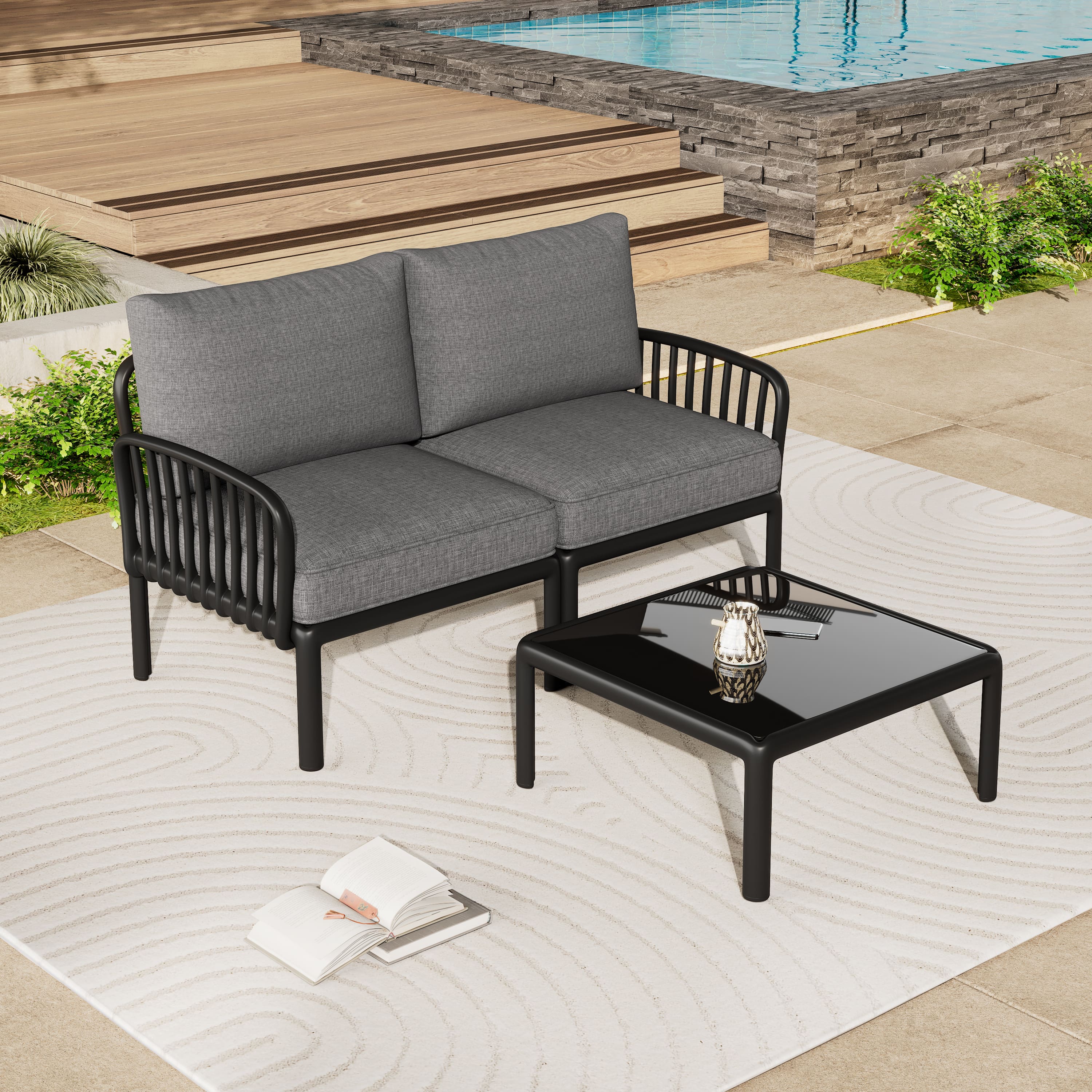 APRILSOUL - Modern Patio Sectional Furniture Set with Square Coffee Table Waterproof Thick Cushion Deep Seating Black and Dark Gray - Black+ Gray