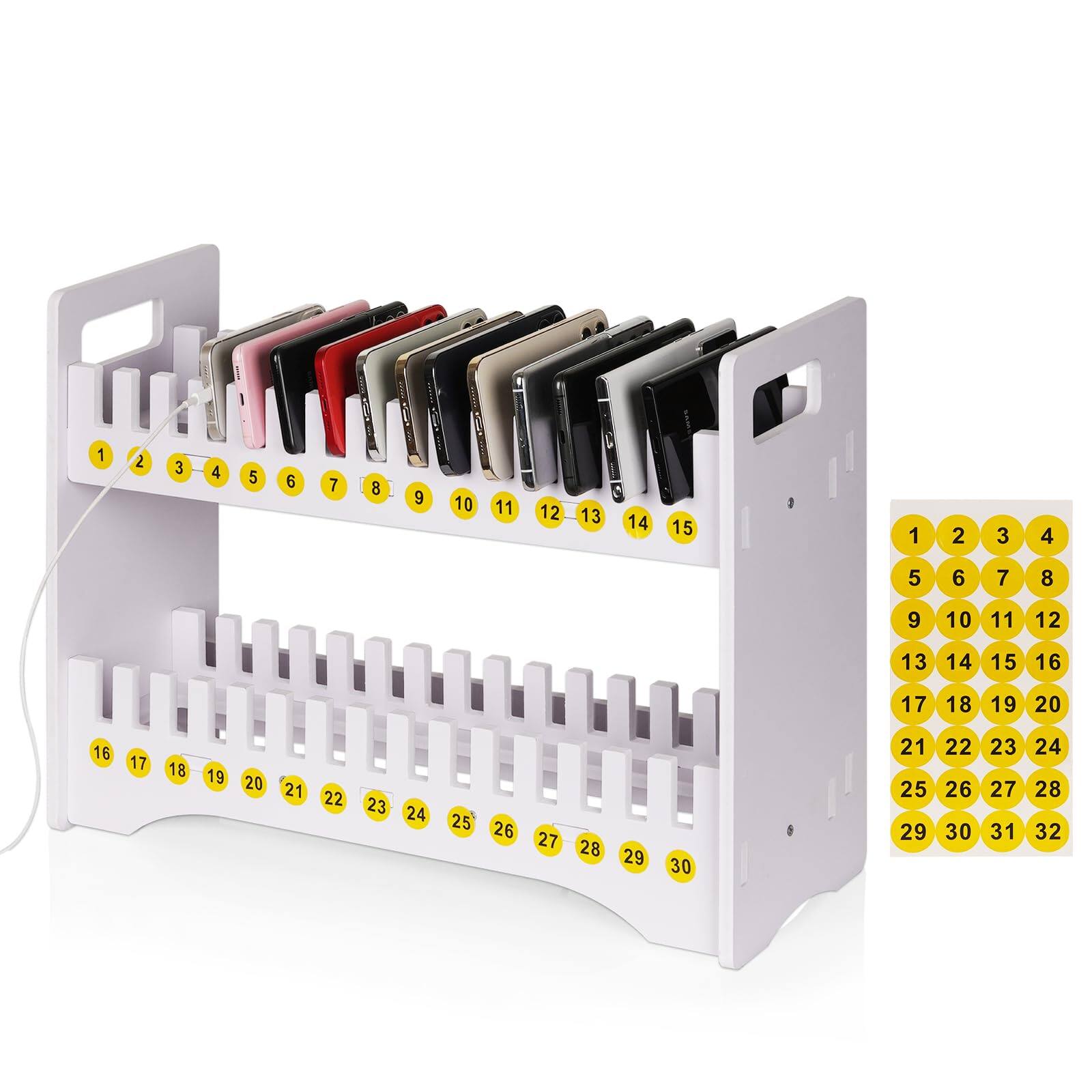Front. PO3TICJUNKI3 - Cell Phone Holder Classroom Storage 2 tier Stand Rack With 1 30 Number Stickers Pvc Board Mobile Desktop - White.