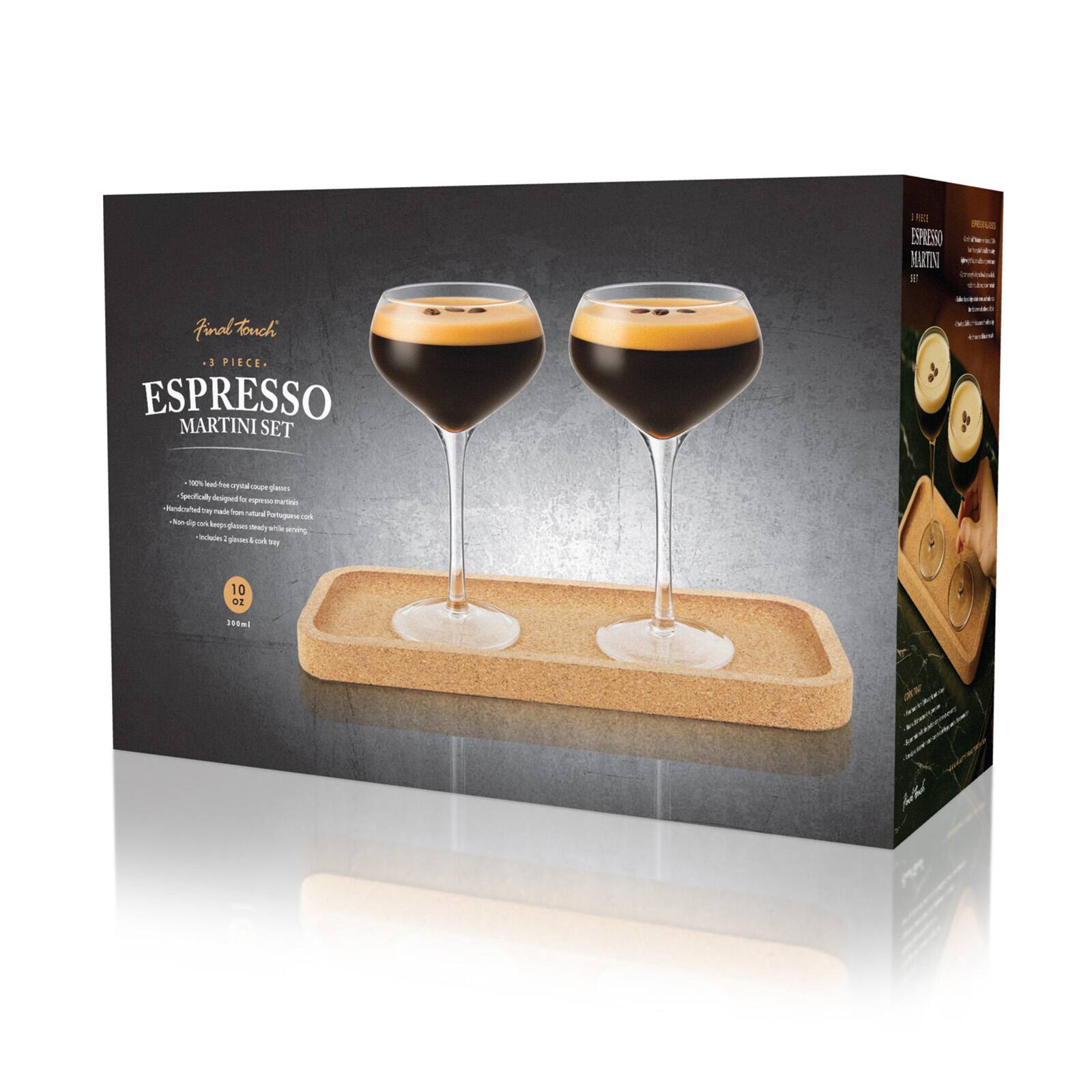 Final Touch 3 PIECE ESPRESSO MARTINI SET

100% lead-free crystal coupe glasses
- Specifically designed for espresso martinis
- Handcrafted in Portugal
- Non-slip base keeps glass steady while serving
- Includes 2 glasses

10 oz
300ml
